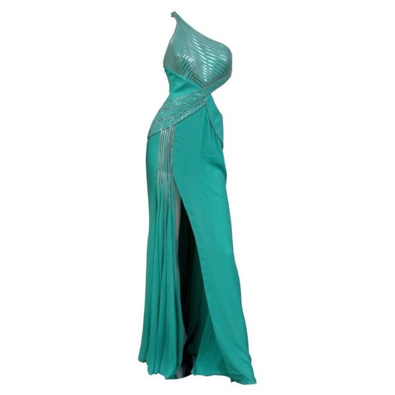 Vintage 2010 Versace Aquamarine Embellished One Shoulder Long Dress Gown  For Sale at 1stDibs