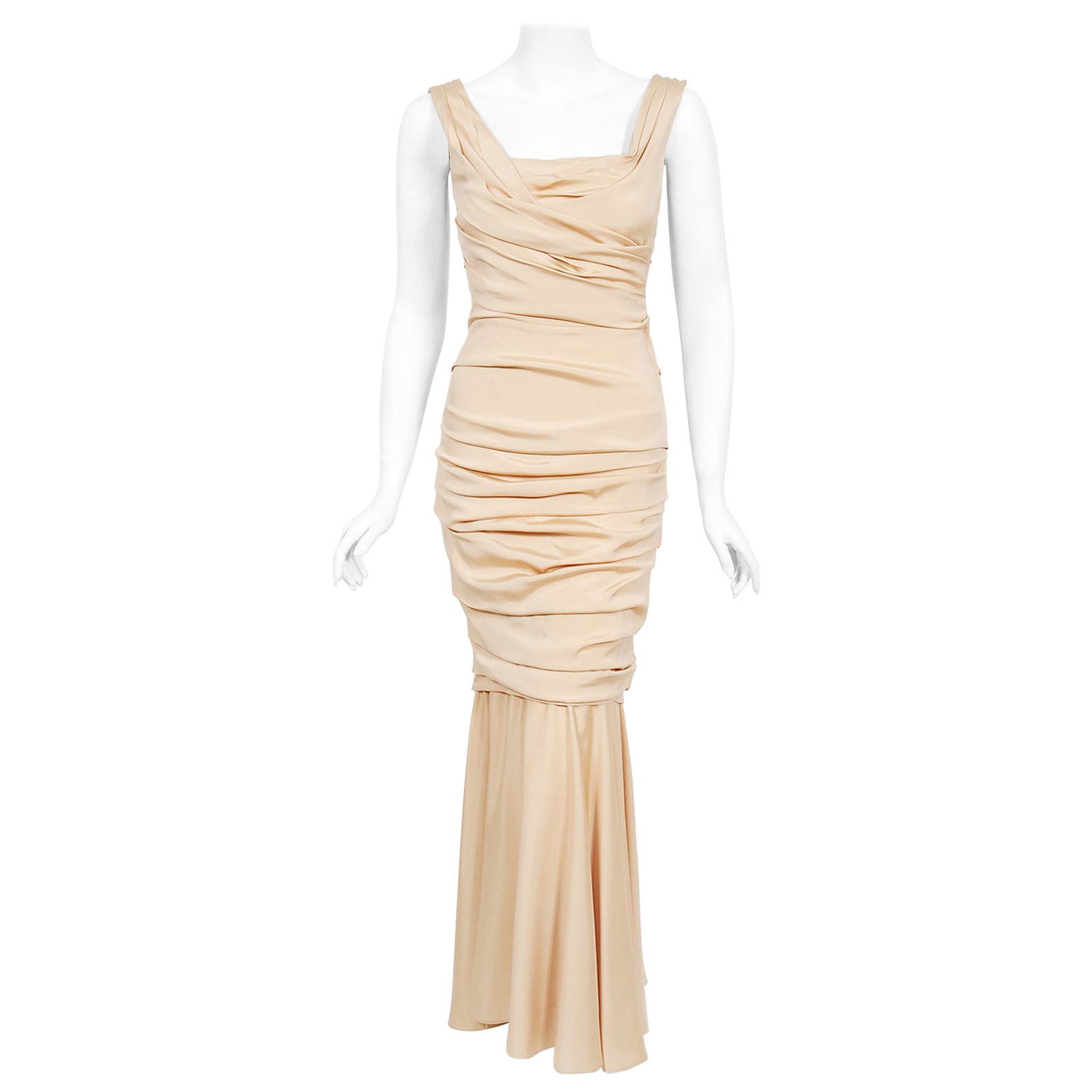 Vintage 2013 Dolce 
Gabbana Naked Nude Ruched Stretch Silk Hourglass Gown