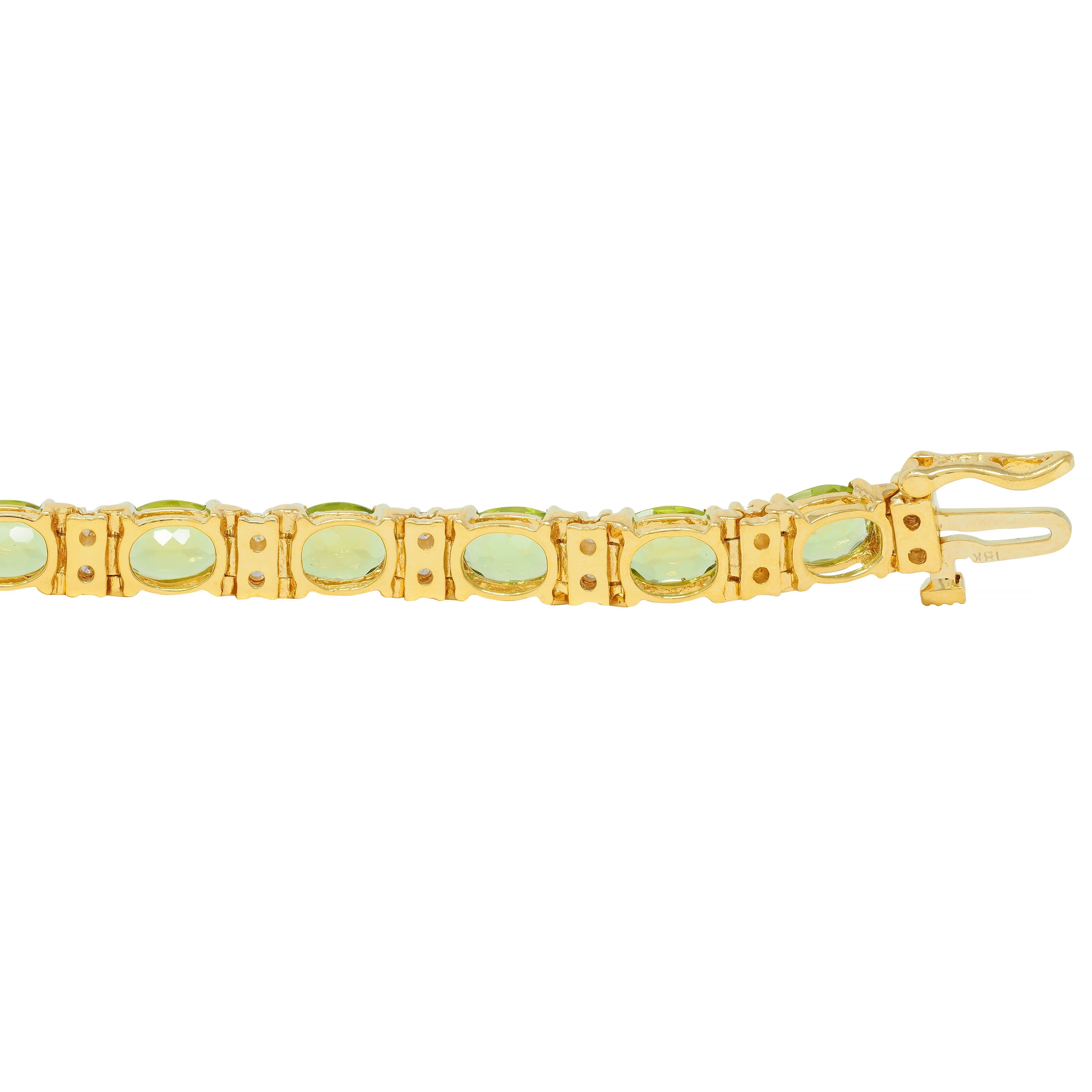 Vintage 20.14 CTW Oval Cut Peridot Diamond 18 Karat Yellow Gold Line Bracelet For Sale 6