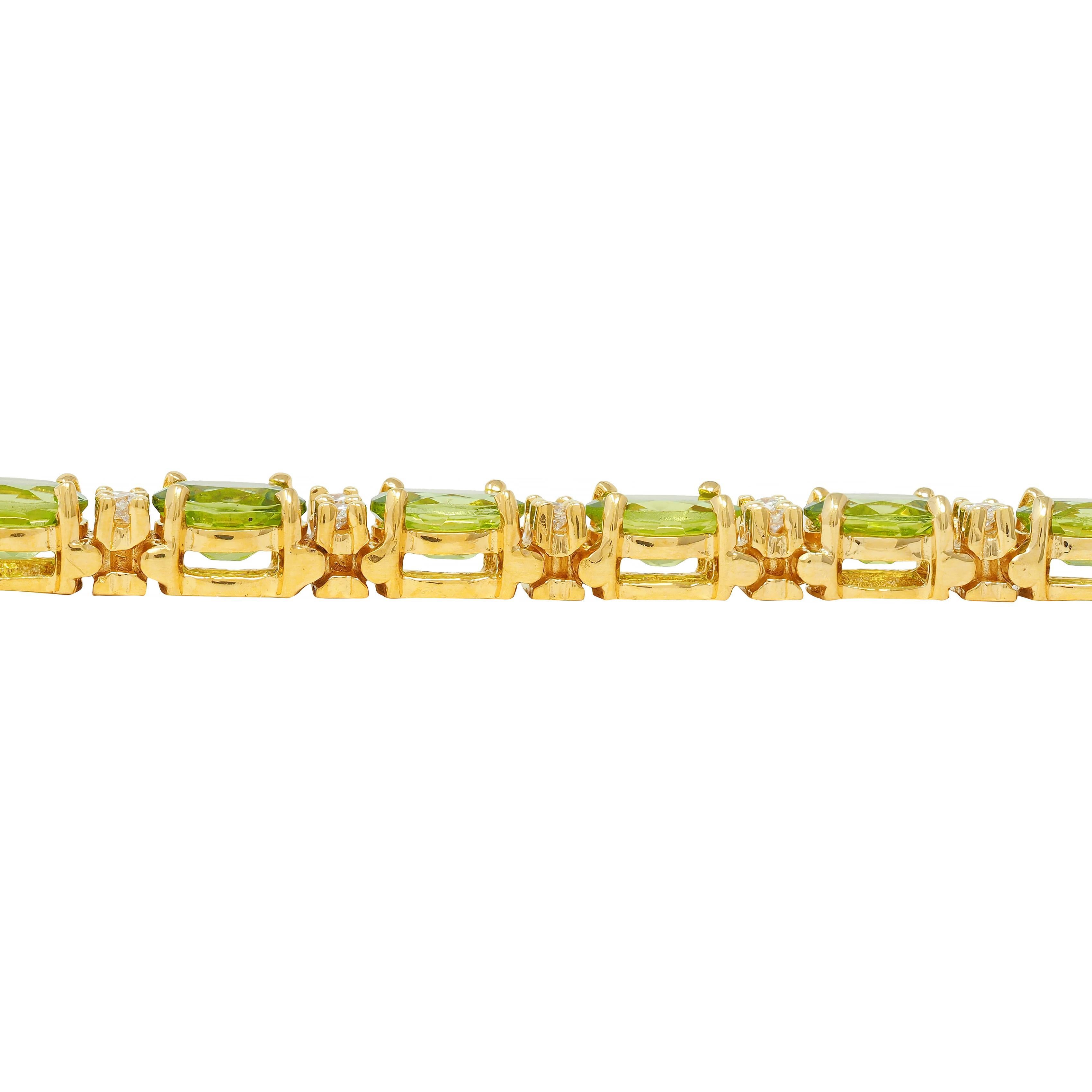 Vintage 20.14 CTW Oval Cut Peridot Diamond 18 Karat Yellow Gold Line Bracelet For Sale 9