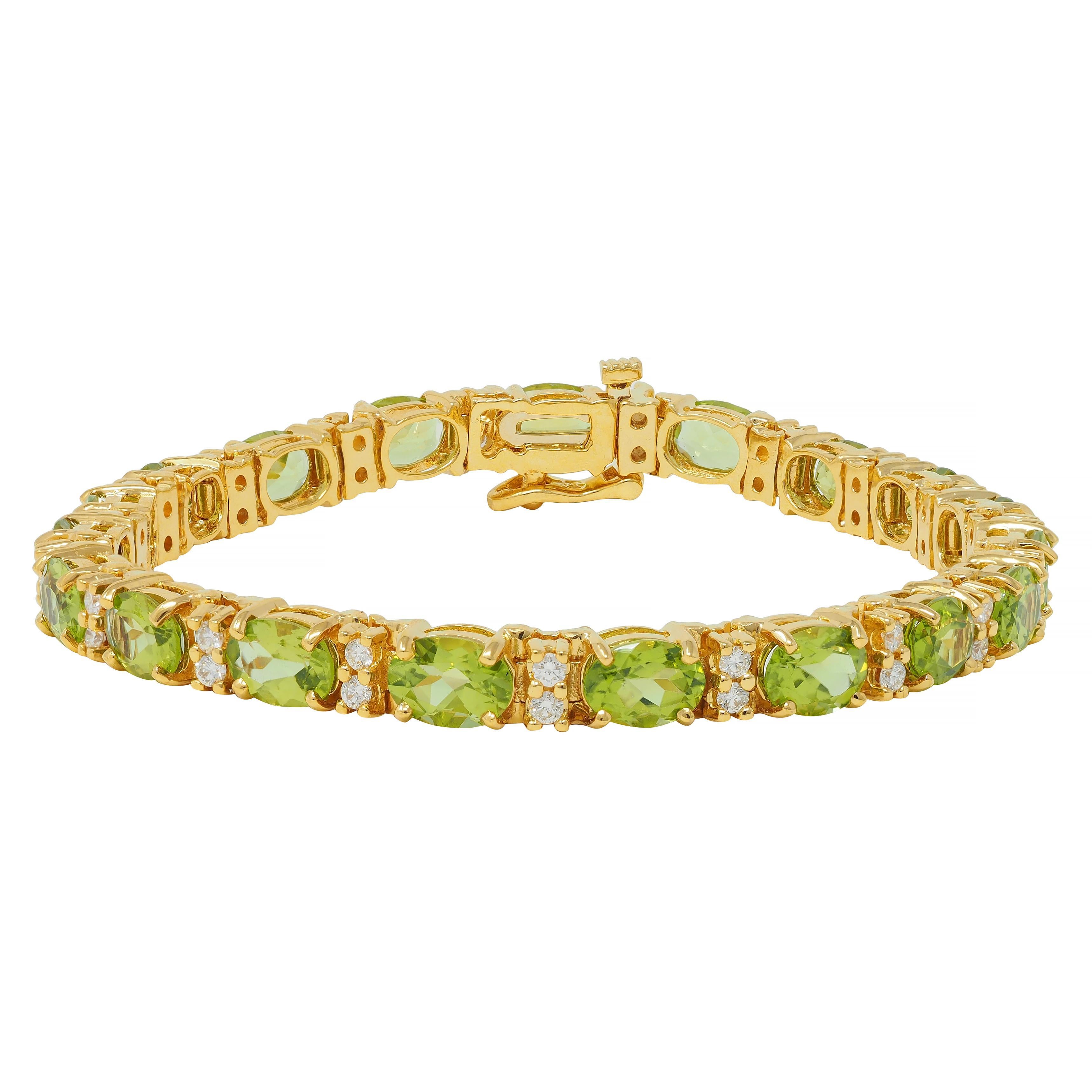 Bracelet ligne vintage en or jaune 18 carats avec péridot taille ovale de 20,14 carats poids total et diamants en vente 12