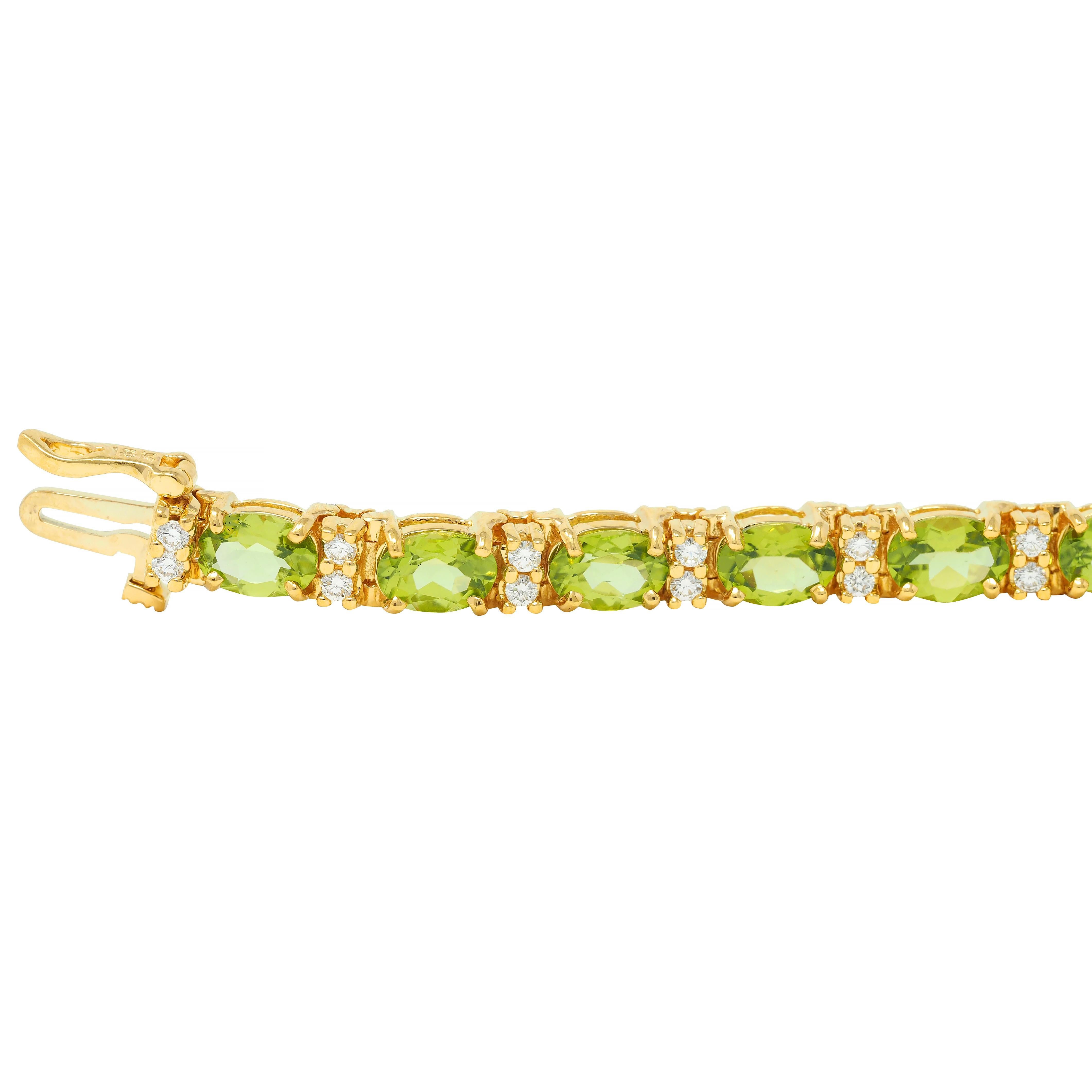 Women's or Men's Vintage 20.14 CTW Oval Cut Peridot Diamond 18 Karat Yellow Gold Line Bracelet For Sale