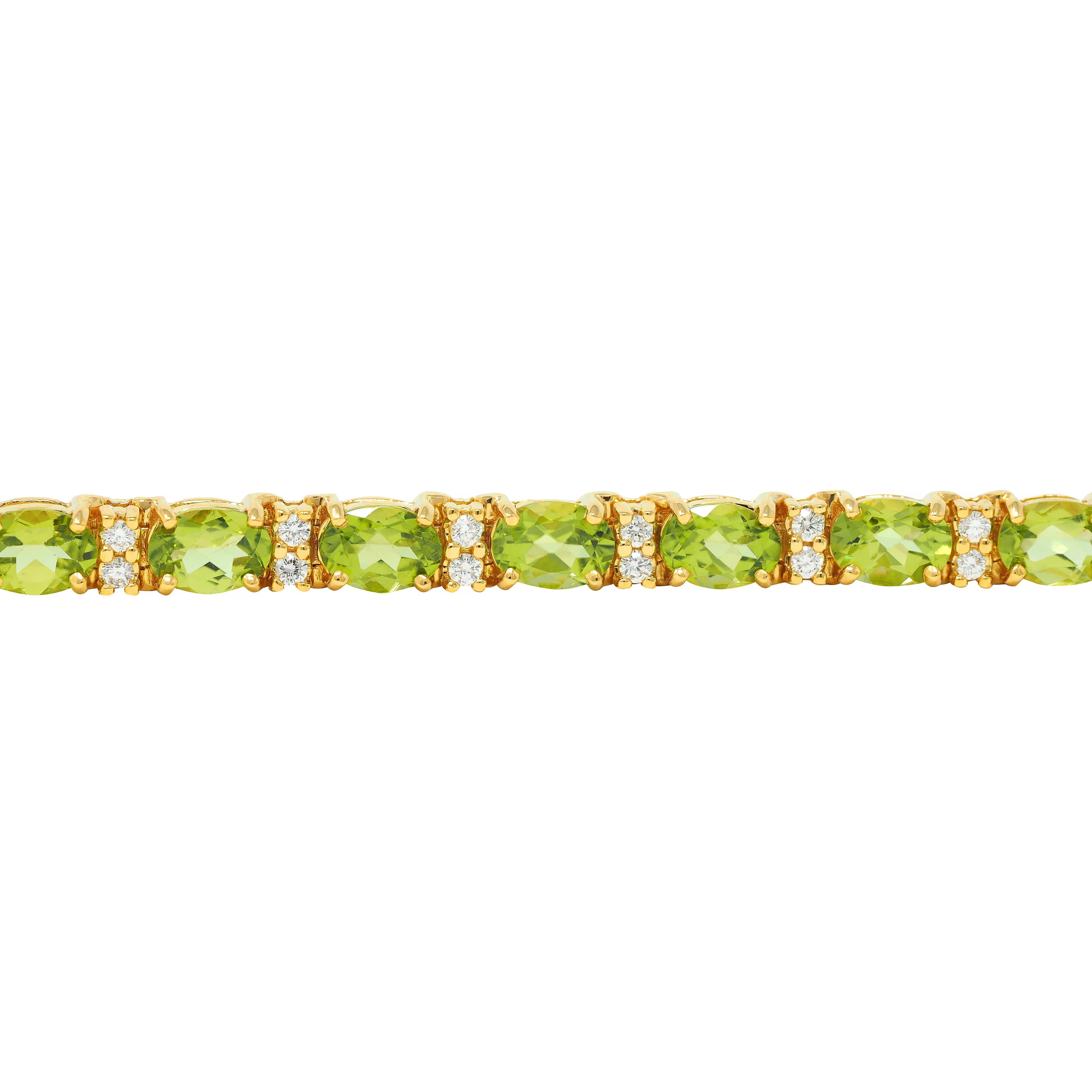 Vintage 20.14 CTW Oval Cut Peridot Diamond 18 Karat Yellow Gold Line Bracelet For Sale 1