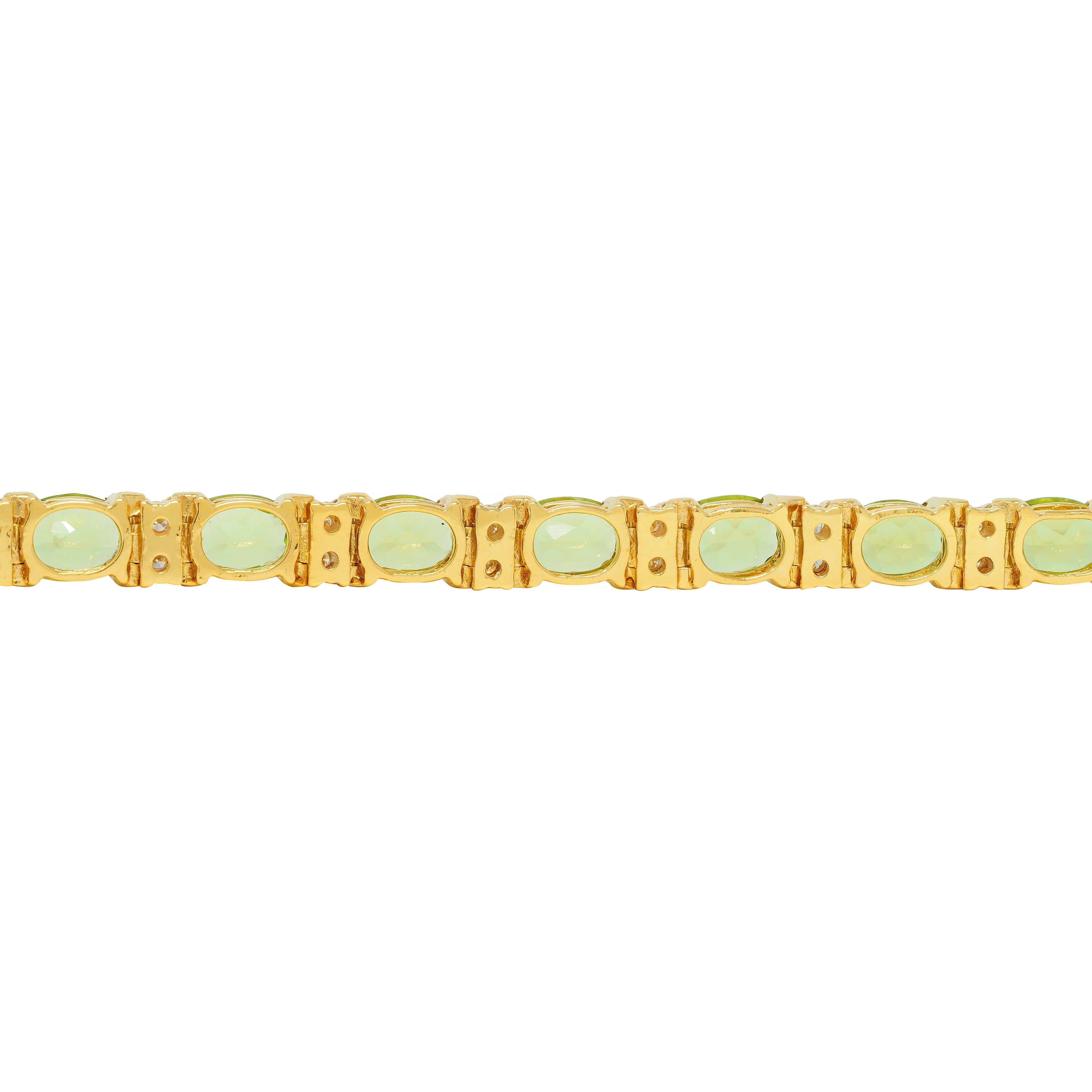 Vintage 20.14 CTW Oval Cut Peridot Diamond 18 Karat Yellow Gold Line Bracelet For Sale 5