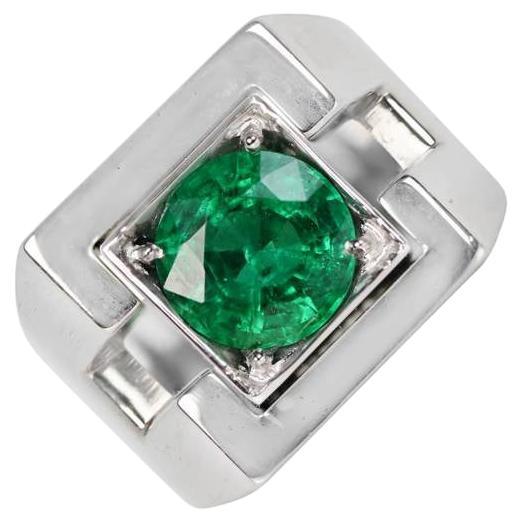 Vintage 2.01ct Round Cut Natural Emerald Engagement Ring, 18k White Gold For Sale