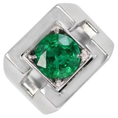 Vintage 2.01ct Round Cut Natural Emerald Engagement Ring, 18k White Gold