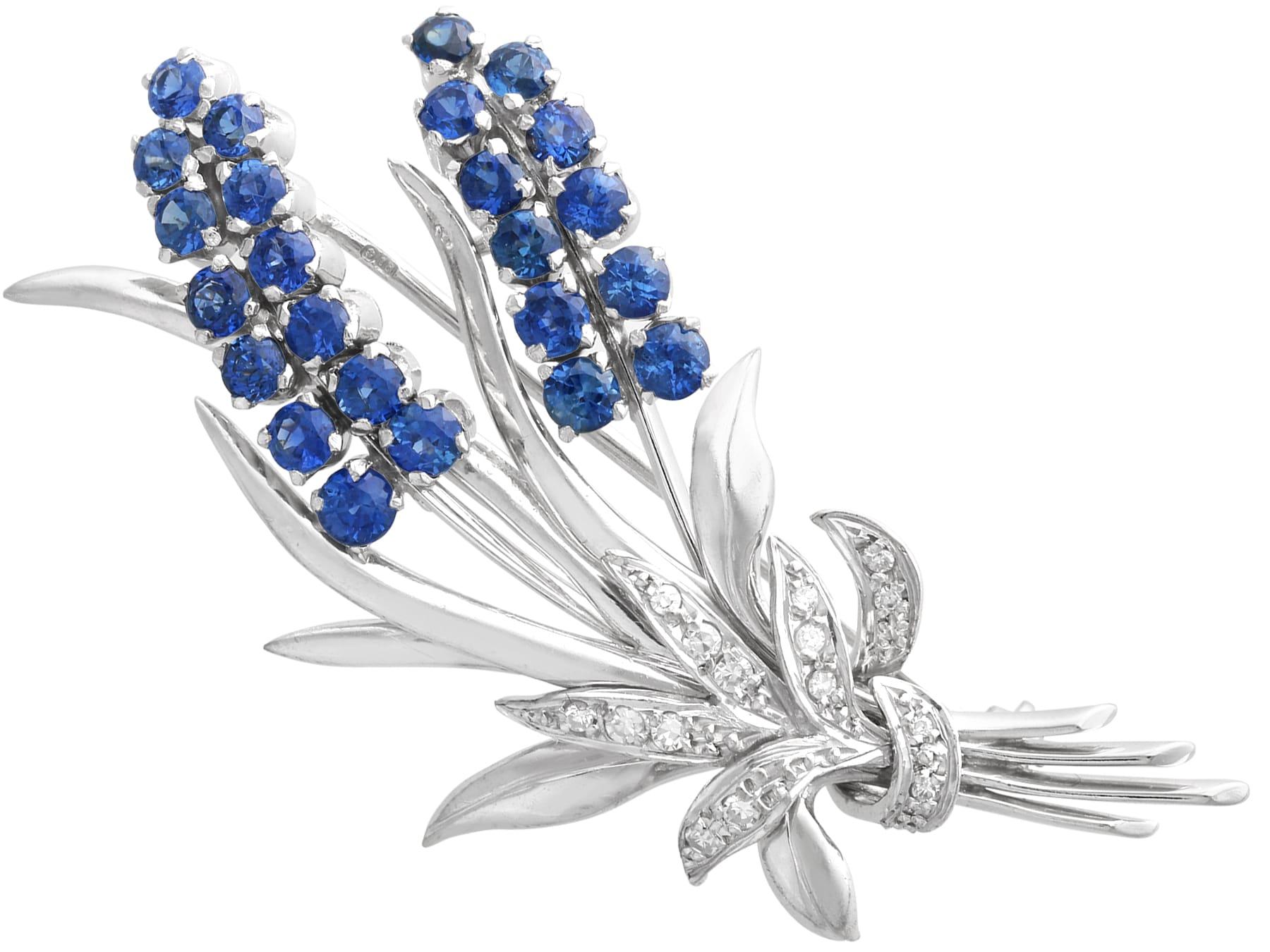 Vintage 2.02 Carat Sapphire and 0.28 Carat Diamond, 18k White Gold Brooch (1968)
