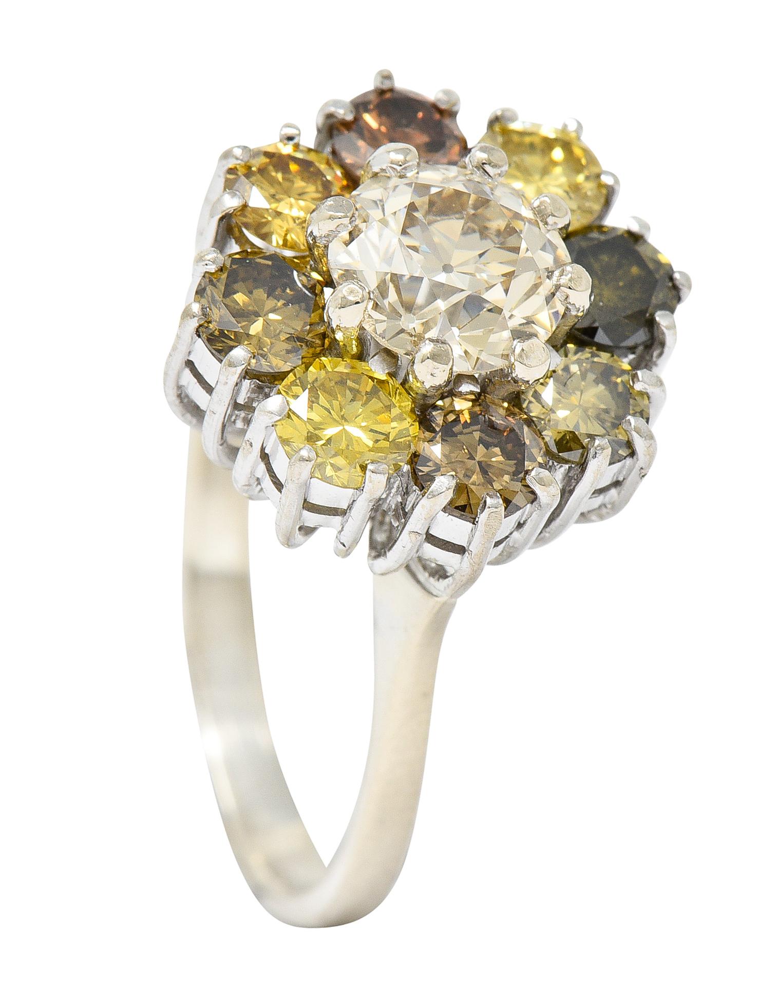 Vintage 2.02 Carats Fancy Colored Diamond 18 Karat White Gold Cluster Ring 4