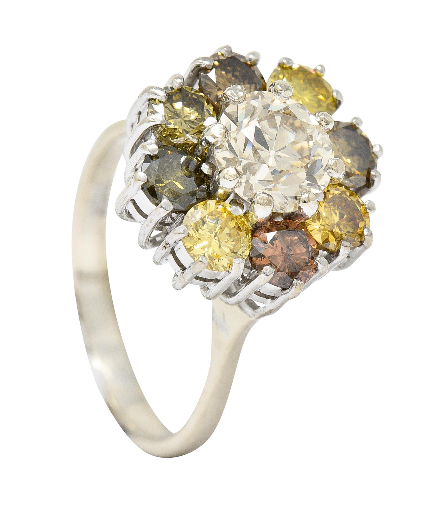 Vintage 2.02 Carats Fancy Colored Diamond 18 Karat White Gold Cluster Ring 6