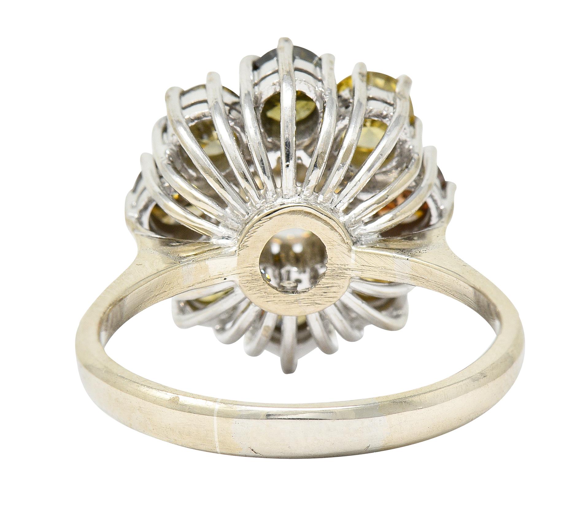 Old European Cut Vintage 2.02 Carats Fancy Colored Diamond 18 Karat White Gold Cluster Ring