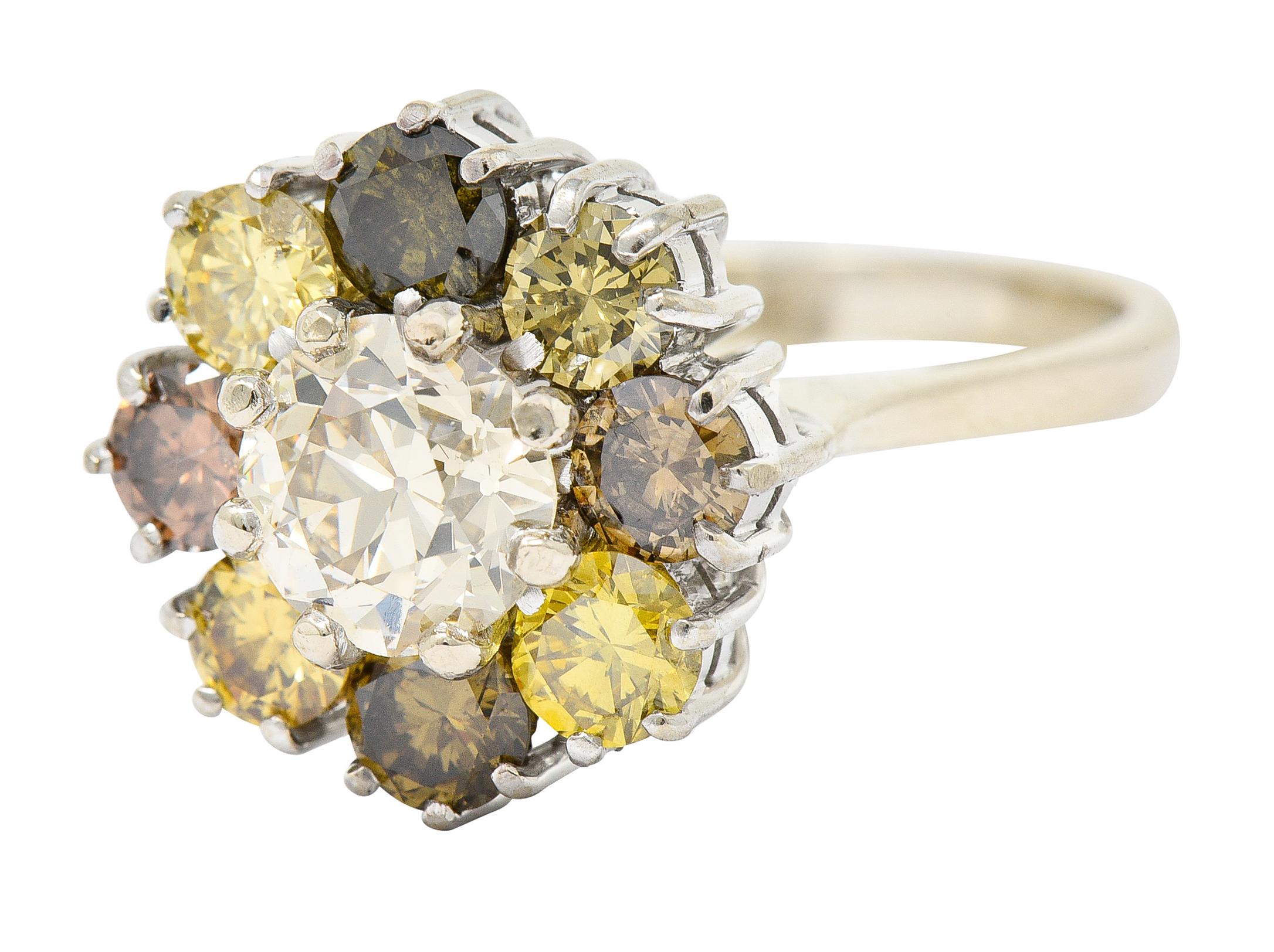 Women's or Men's Vintage 2.02 Carats Fancy Colored Diamond 18 Karat White Gold Cluster Ring