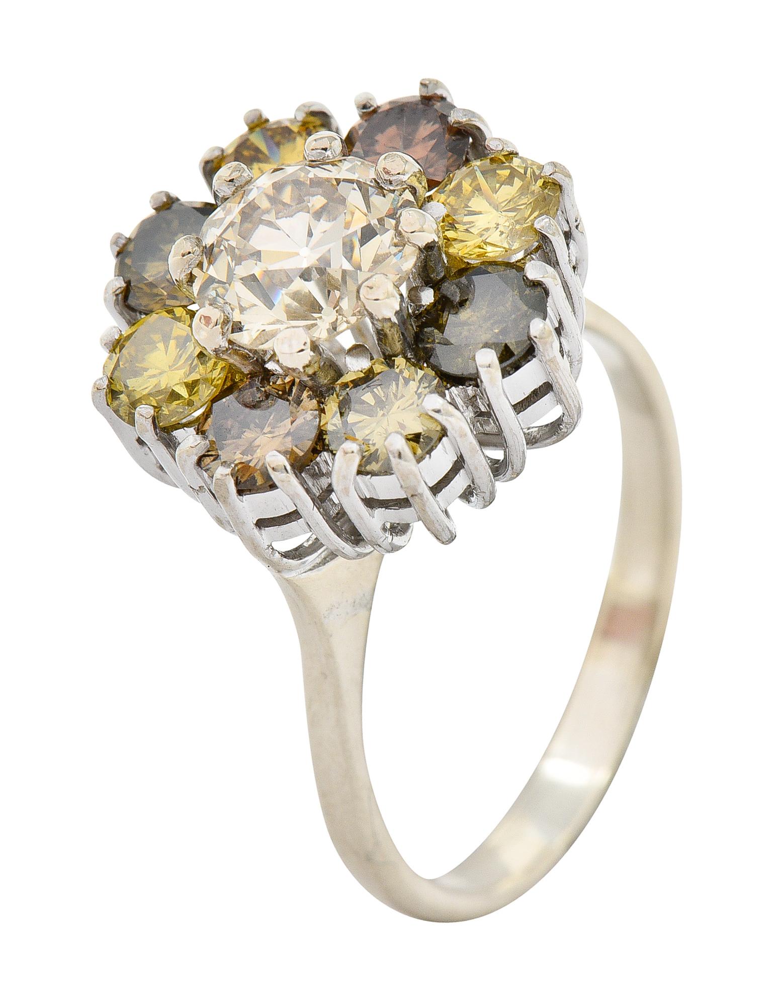 Vintage 2.02 Carats Fancy Colored Diamond 18 Karat White Gold Cluster Ring 2