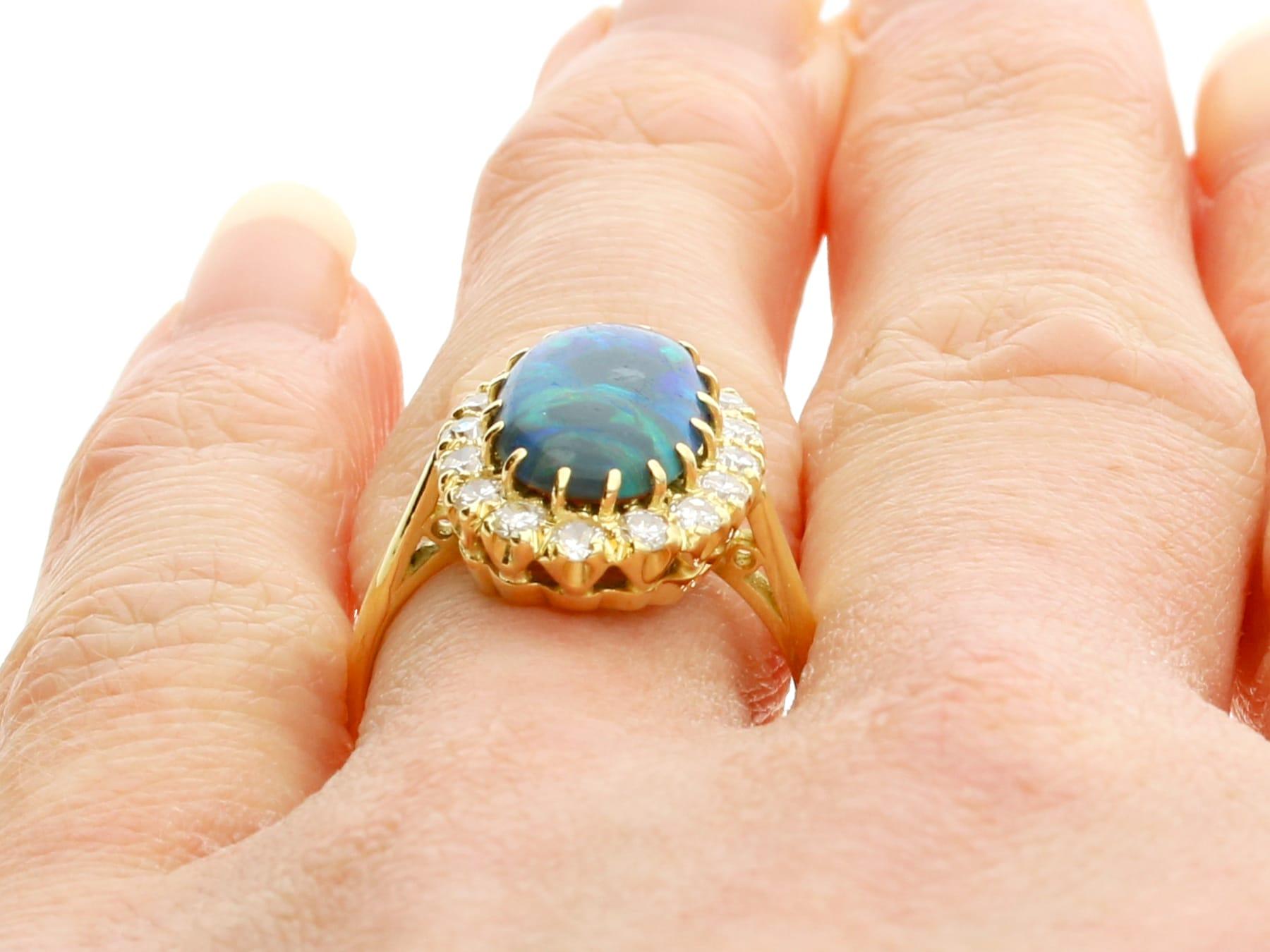 Vintage 2.02 Carat Black Opal and Diamond Ring 18k Yellow Gold For Sale 1
