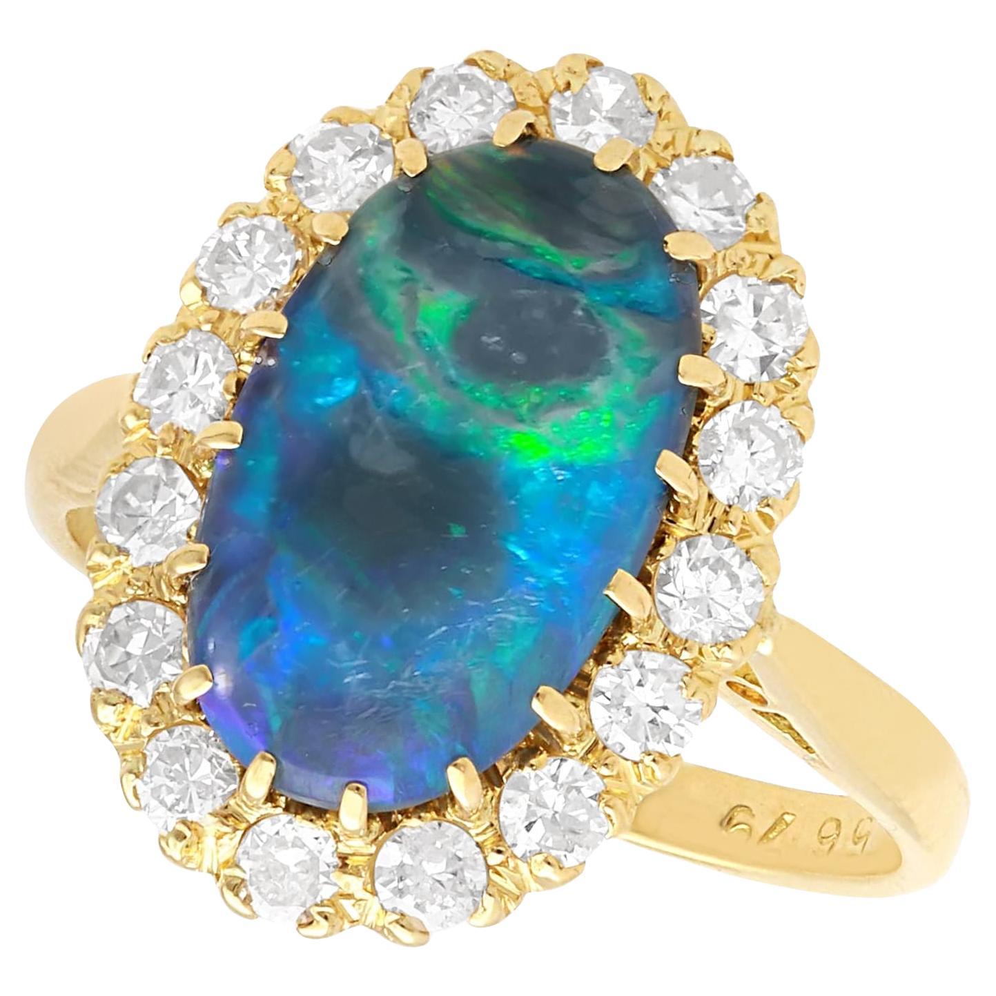 Vintage 2.02 Carat Black Opal and Diamond Ring 18k Yellow Gold For Sale