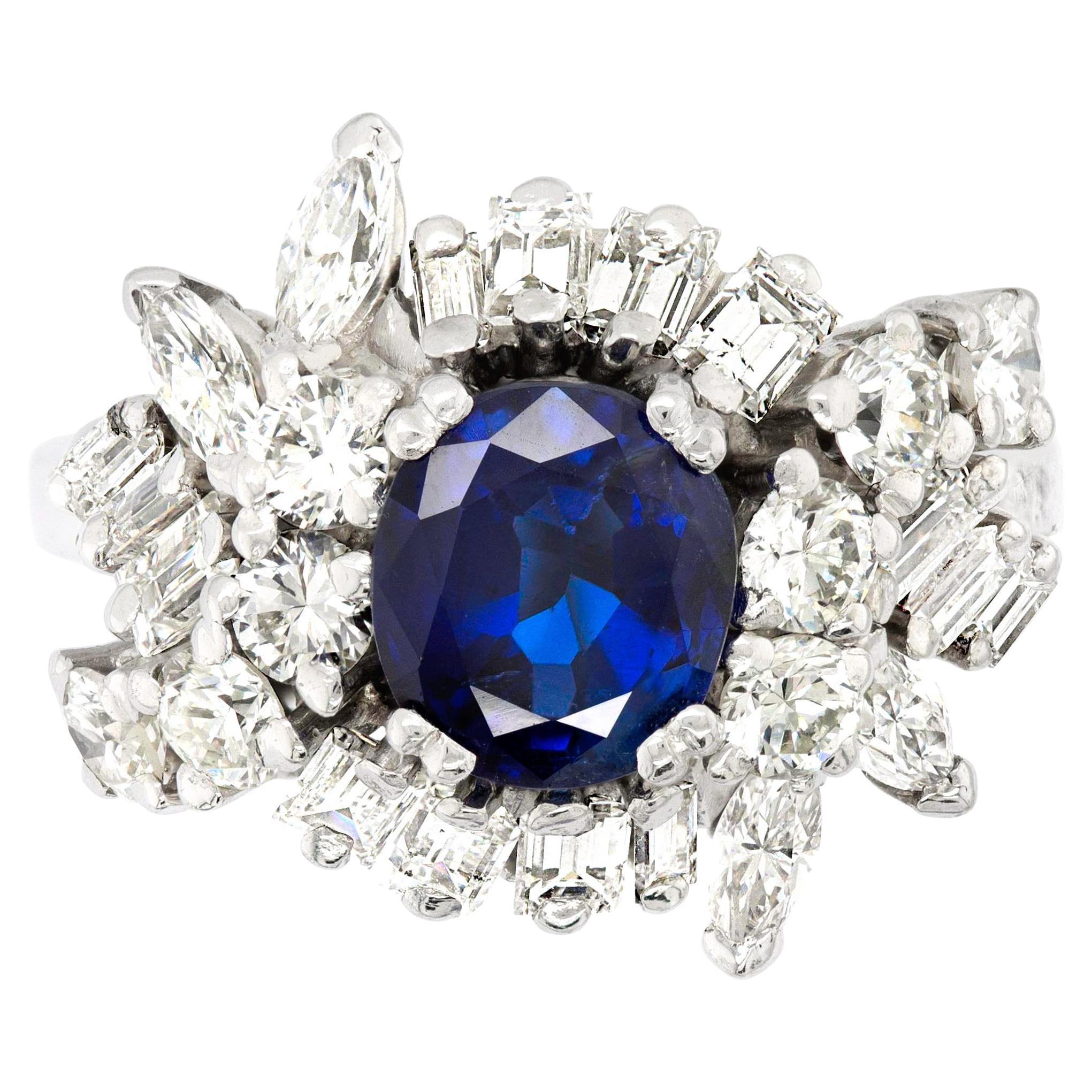 Vintage 2.02 Ct. Burma Sapphire and Diamond Cluster Cocktail Ring GIA For Sale