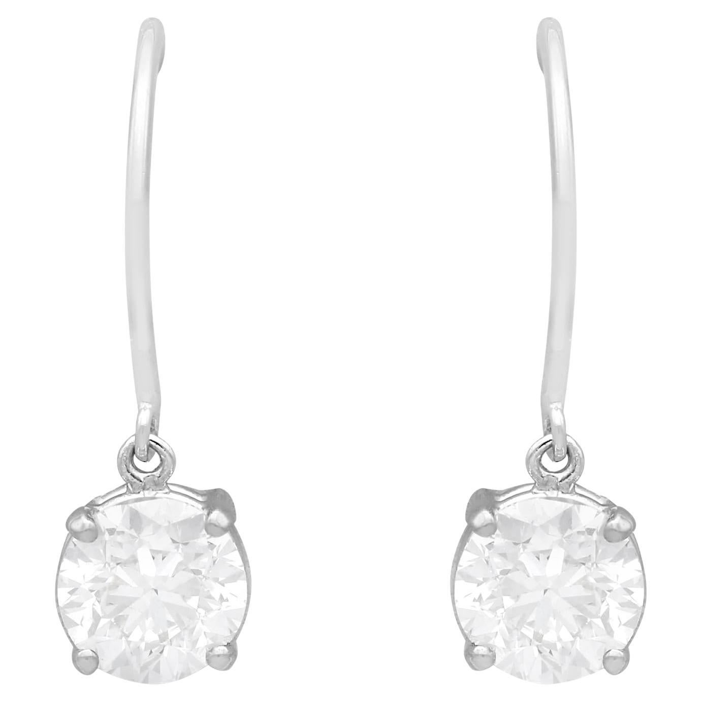 Vintage 2.03 Carat Diamond and 18k White Gold Solitaire Drop Earrings For Sale