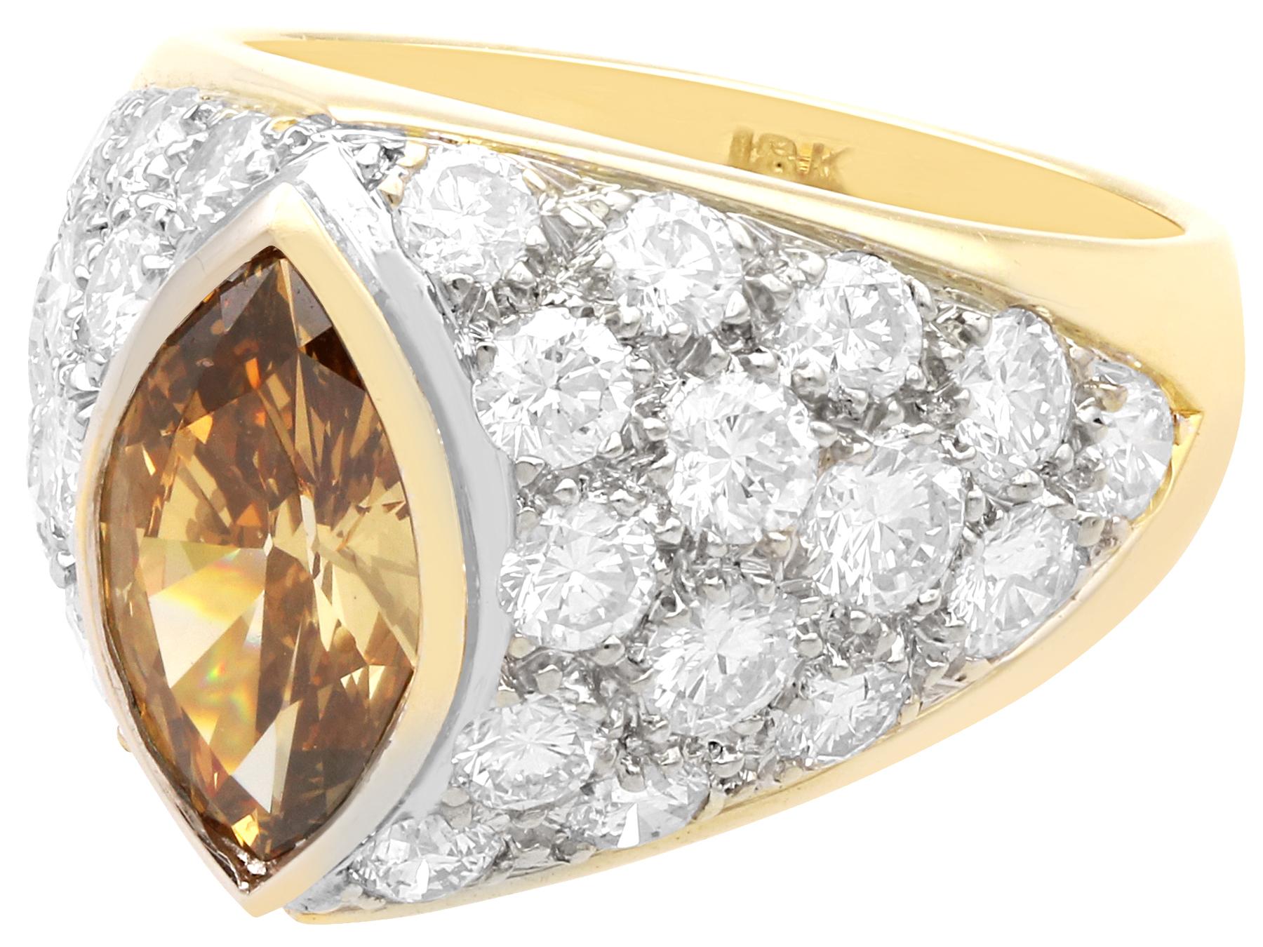 Women's or Men's Vintage 2.03 Carat Marquise Cut Brown Diamond Ring in 18 Karat Yellow Gold For Sale