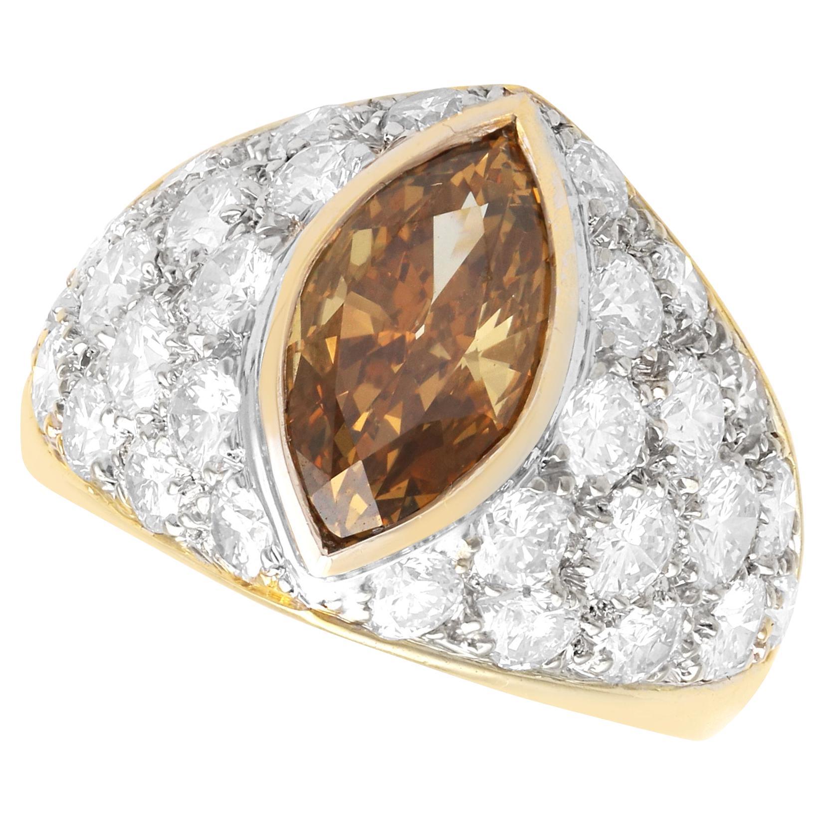 Vintage 2.03 Carat Marquise Cut Brown Diamond Ring in 18 Karat Yellow Gold For Sale