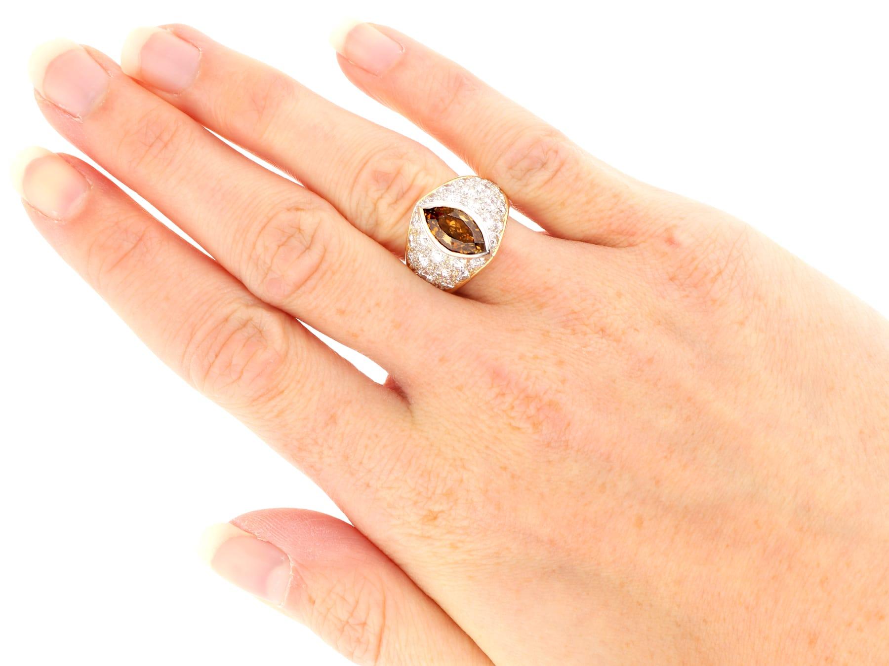 Vintage 2.03 Carat Marquise Cut Brown Diamond Ring in 18 Karat Yellow Gold For Sale 4