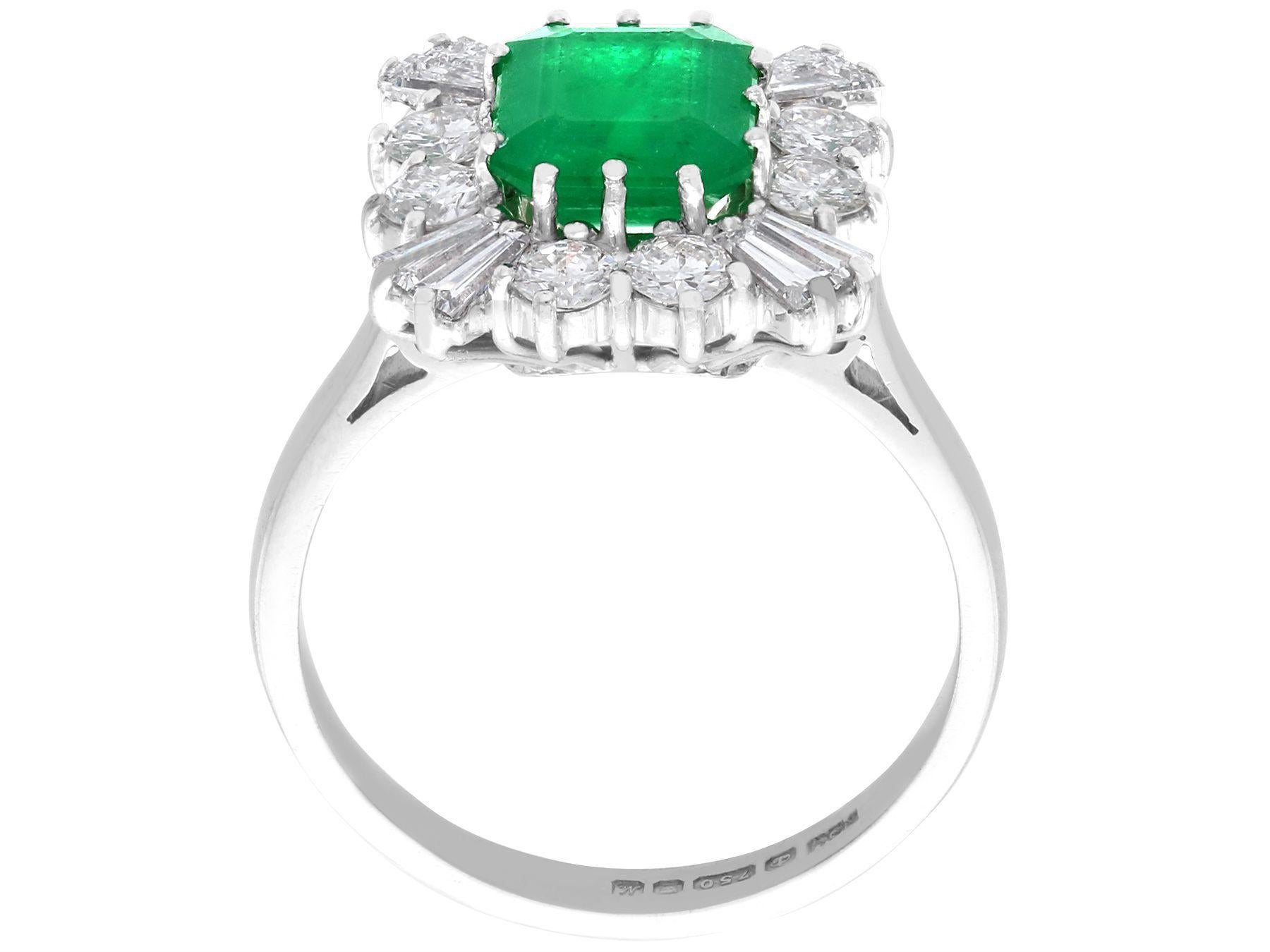 Vintage 2.05 Carat Emerald Cut Emerald and Diamond White Gold Cluster Ring For Sale 1