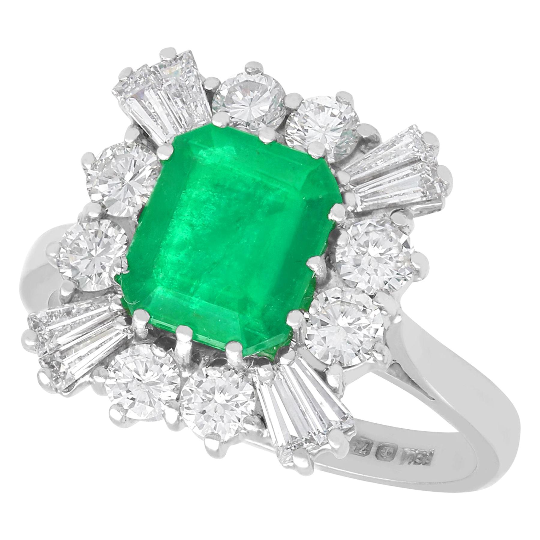 Vintage 2.05 Carat Emerald Cut Emerald and Diamond White Gold Cluster Ring For Sale
