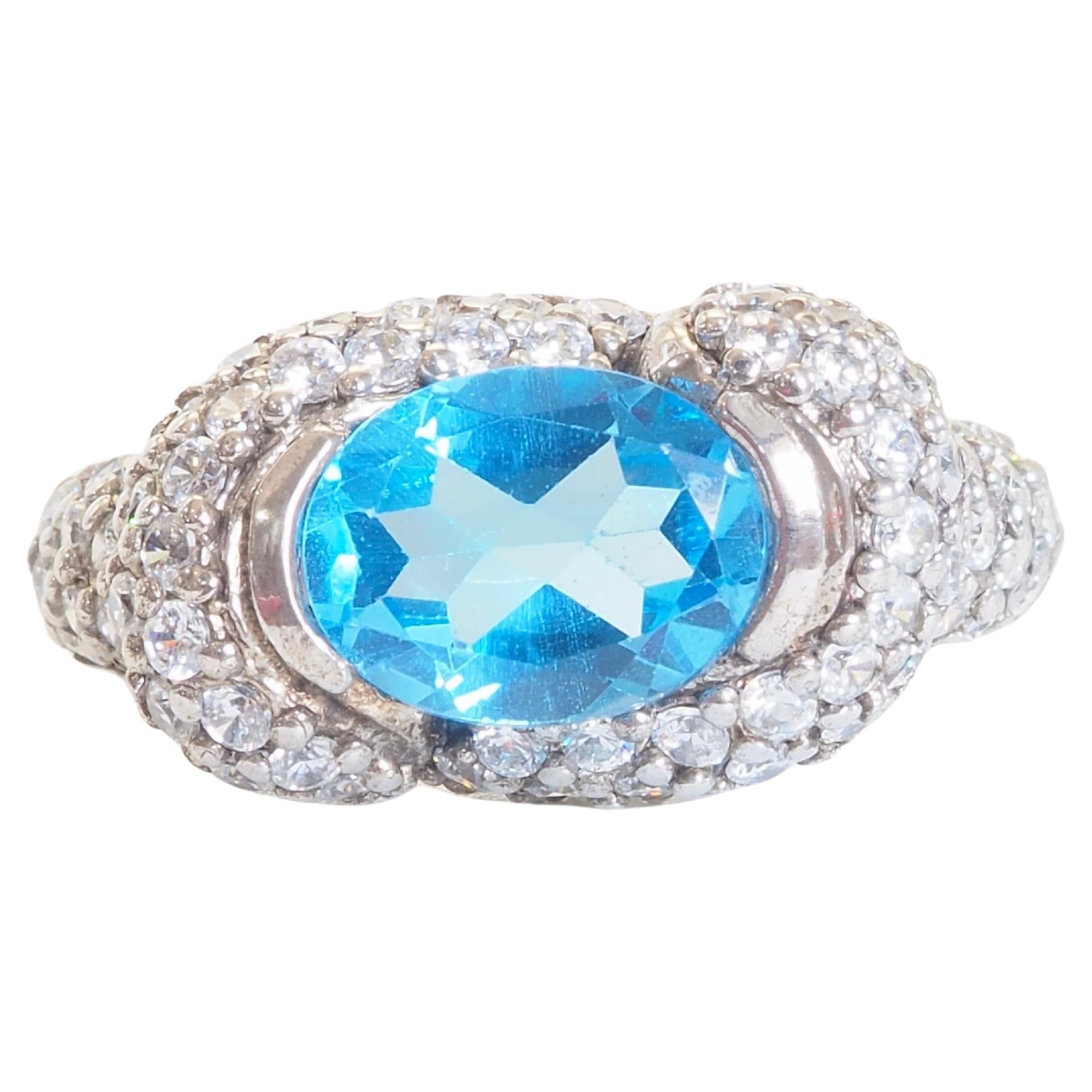 Vintage 2.05ct Oval Swiss Blue Topaz & Quartz Sculptural Sterling Silver Ring