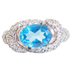 Vintage 2.05ct Oval Swiss Blue Topaz & Quartz Sculptural Sterling Silver Ring