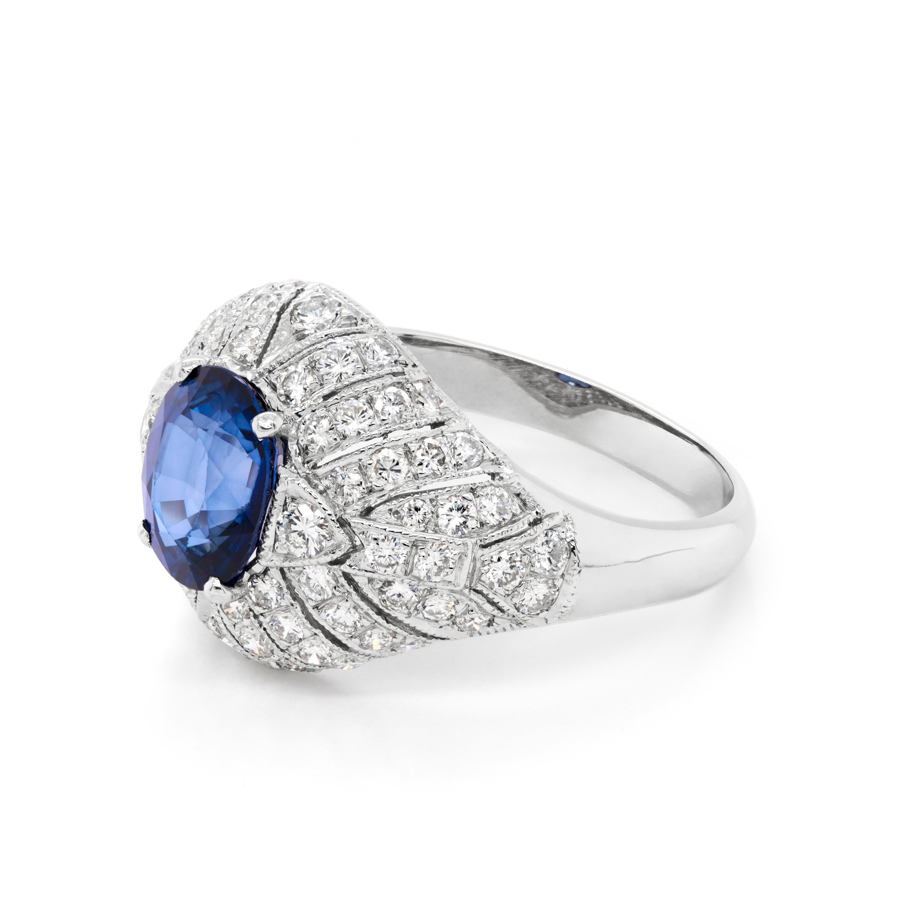 Art Deco Vintage 2.06 Carat Oval Sapphire and Diamond Cluster Platinum Engagement Ring