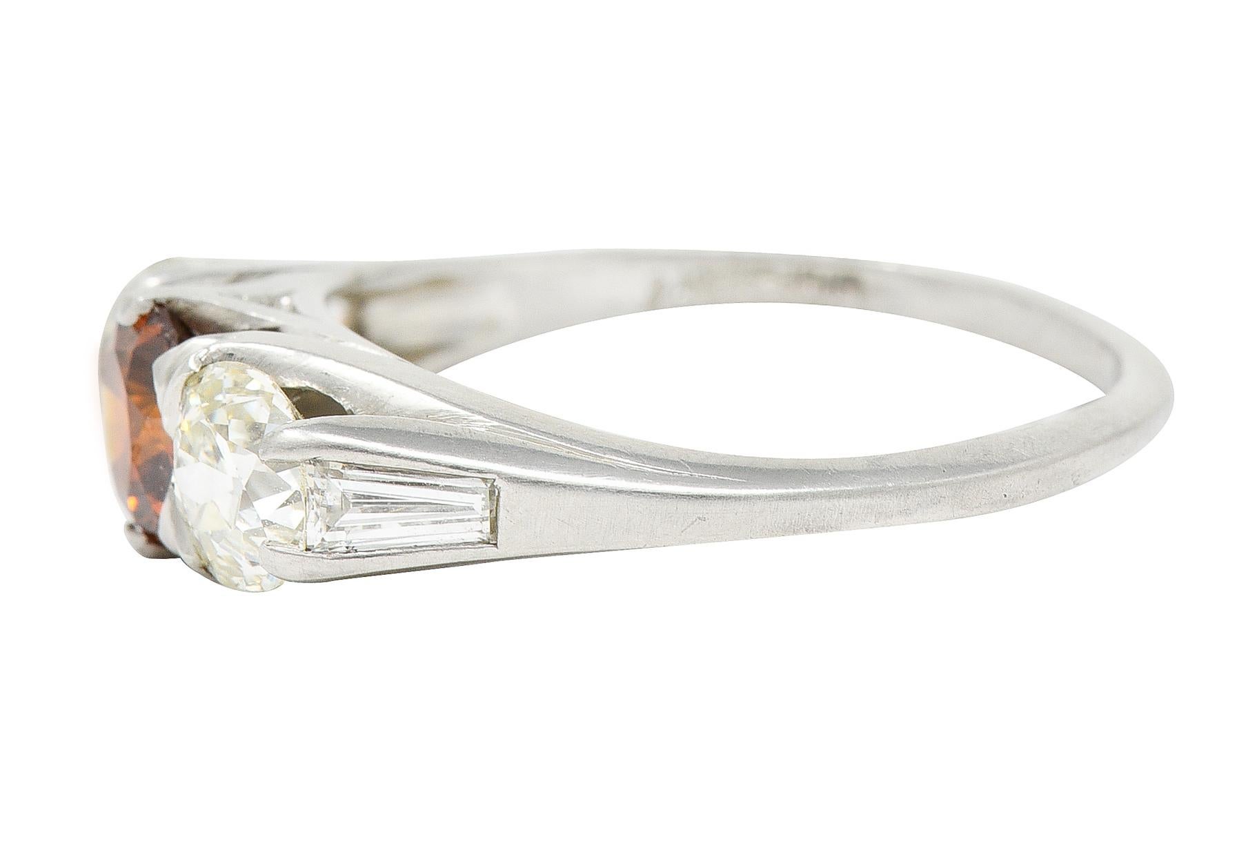 Women's or Men's Vintage 2.06 Carats Diamond & Fancy Colored Diamond Platinum Three Stone Ring For Sale
