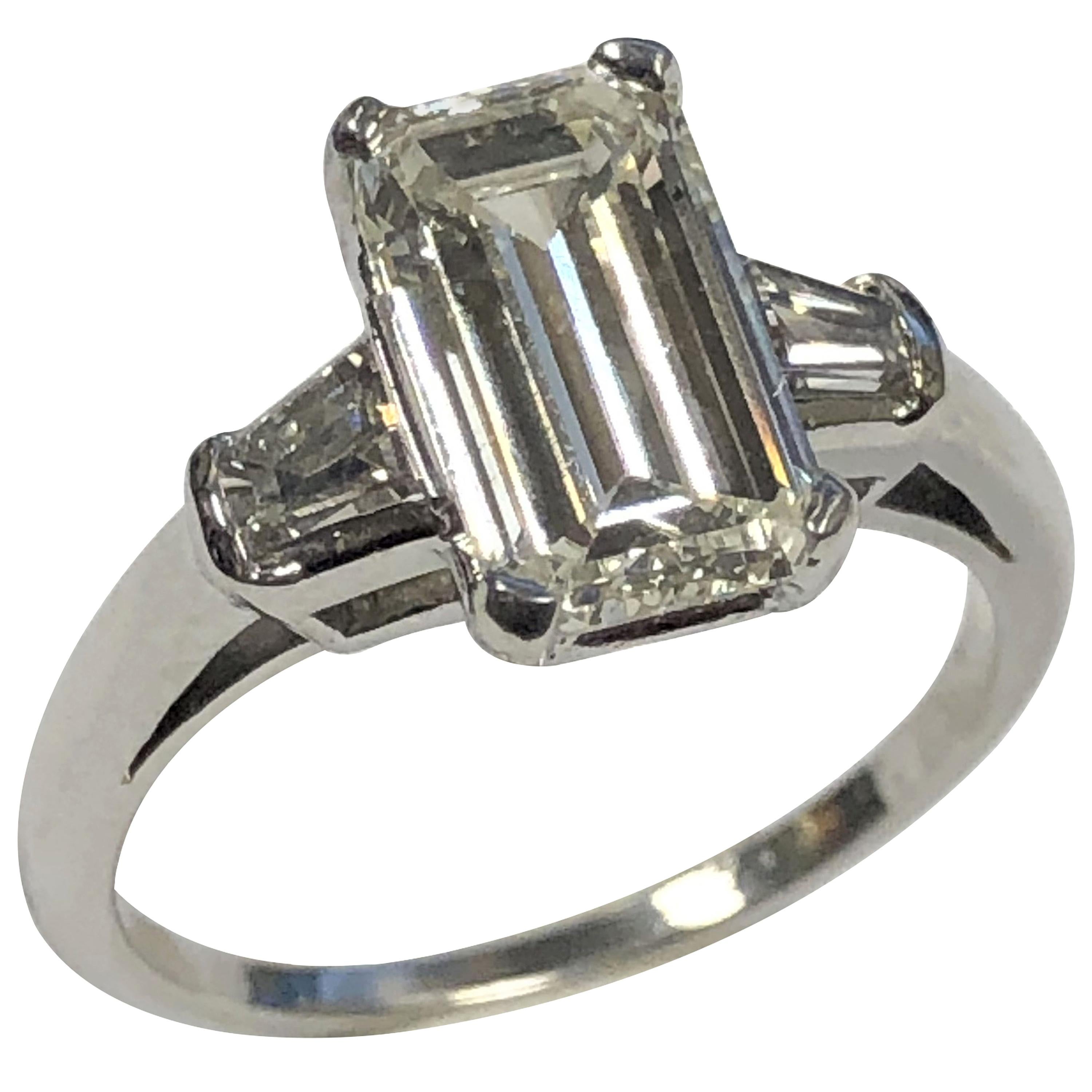 Vintage 2.07 Carat Emerald Cut Step Cut Diamond and Platinum Ring