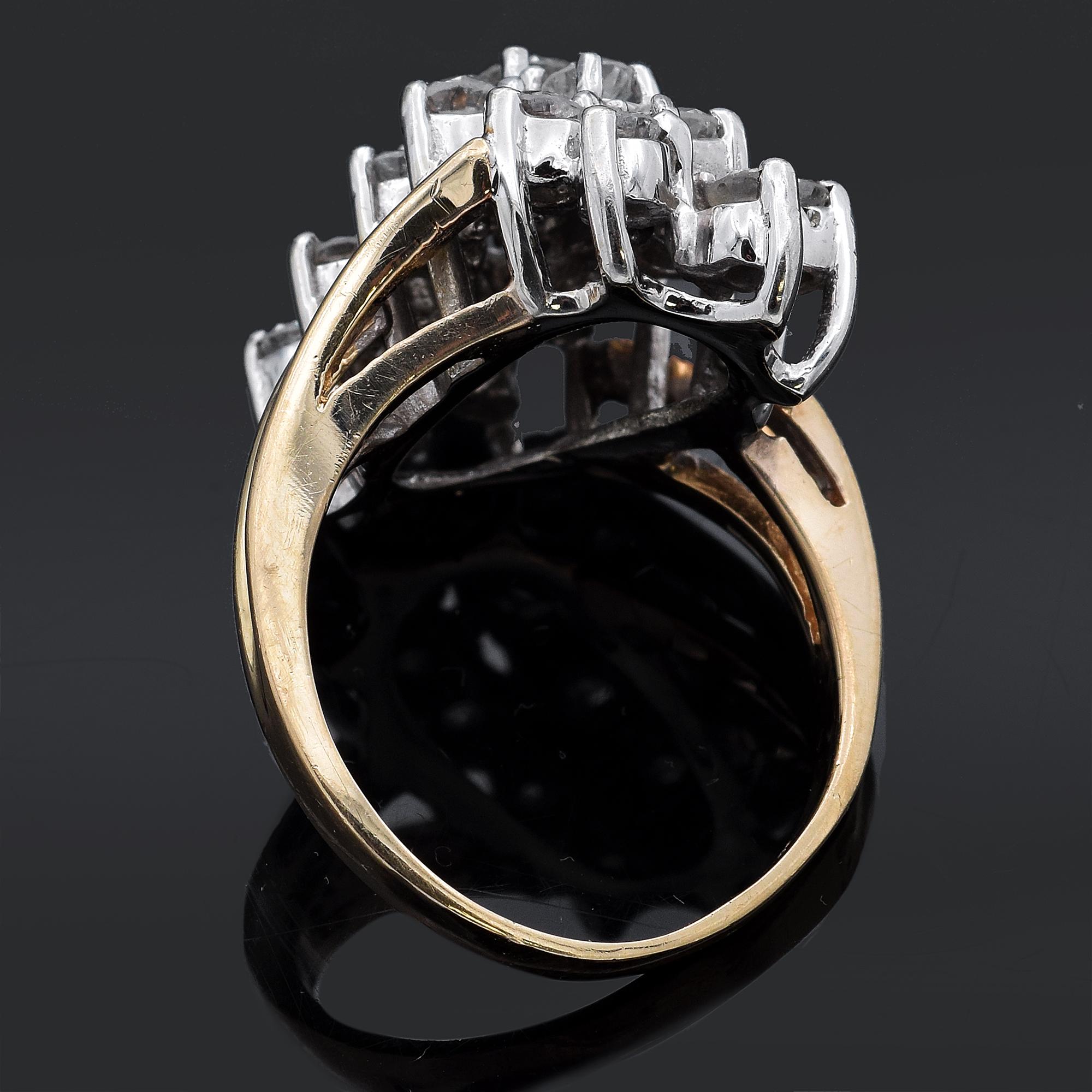 Round Cut Vintage 2.07 TCW Diamond Yellow Gold Cluster Cocktail Ring Size 7.5