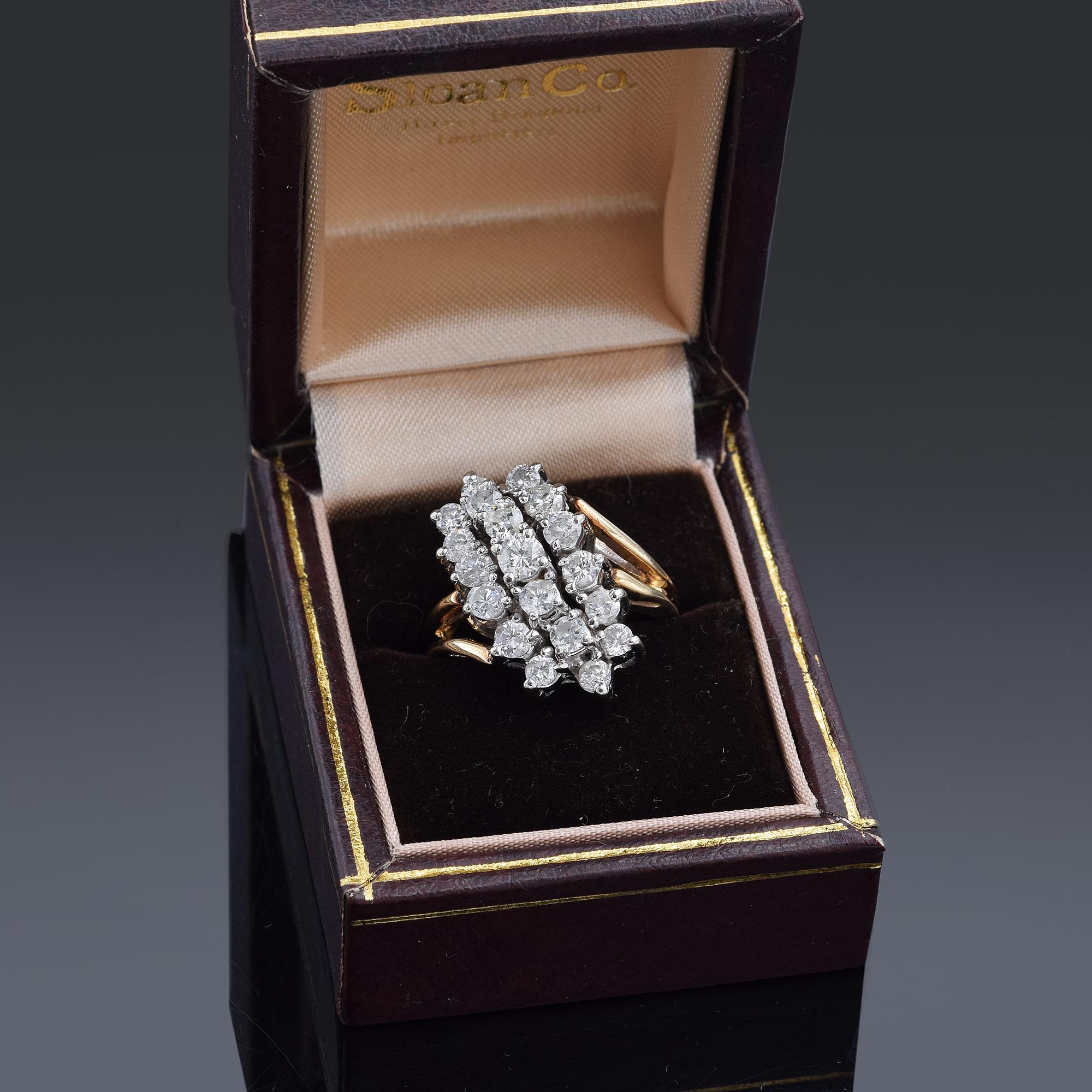Women's Vintage 2.07 TCW Diamond Yellow Gold Cluster Cocktail Ring Size 7.5