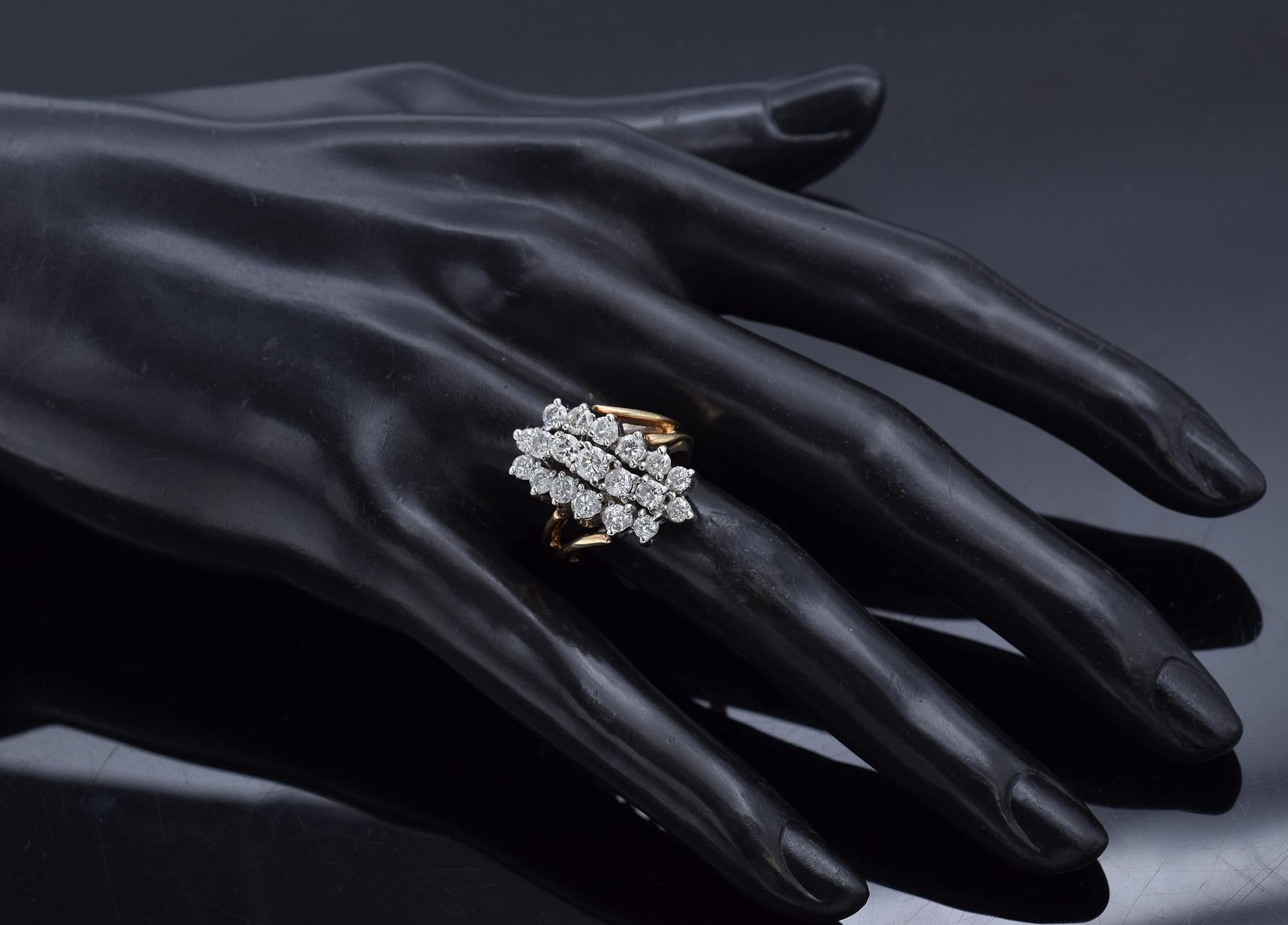 Vintage 2.07 TCW Diamond Yellow Gold Cluster Cocktail Ring Size 7.5 1