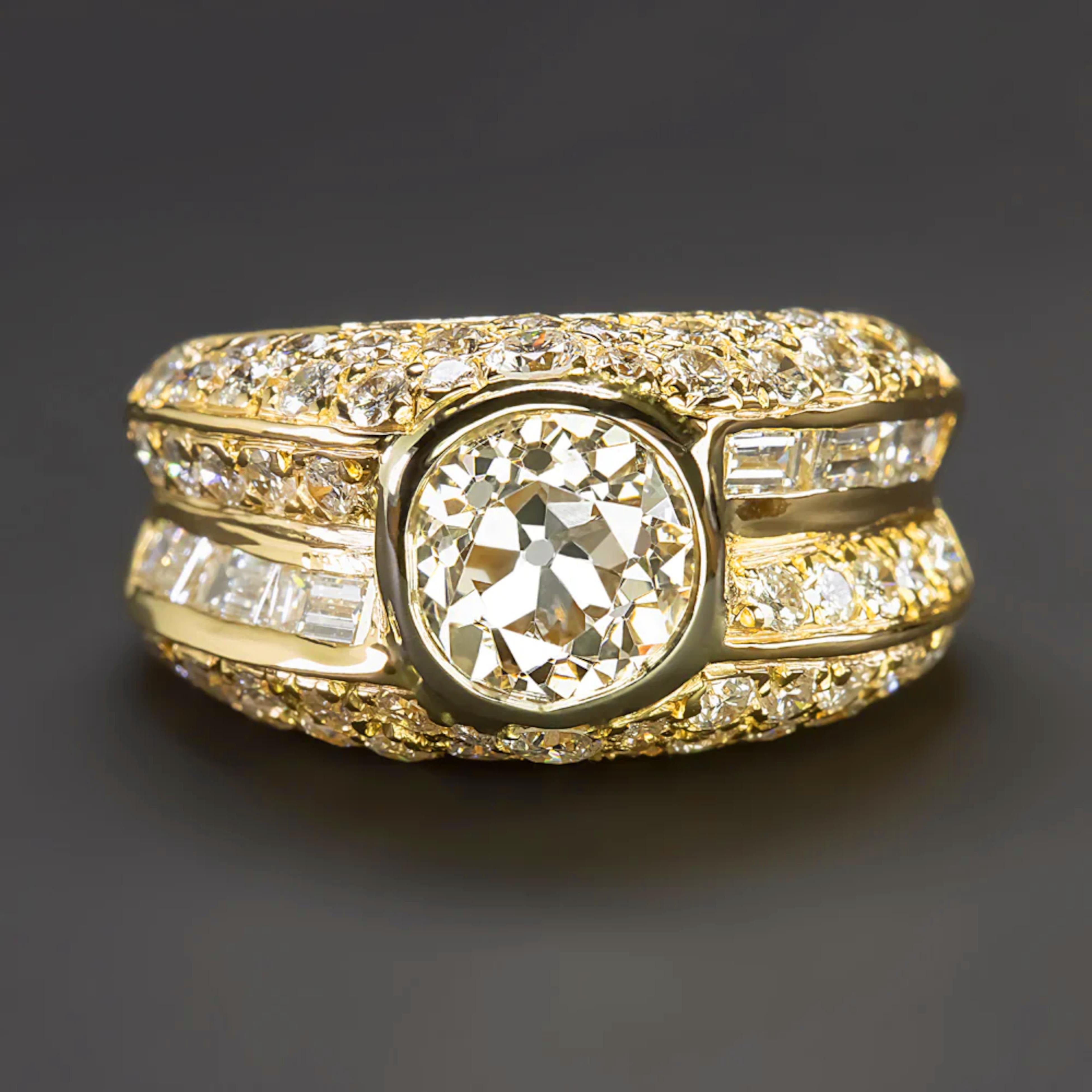  stunning diamond cocktail ring showcases an eye-catching design that embodies luxury and vintage charm. 

The center diamond weighs 2.08 carats and features an old European cut, originally from the Art Deco era. It has an O-P color, which shows