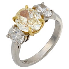 Vintage 2.09 carat yellow diamond platinum 18k yellow gold 3 stone ring