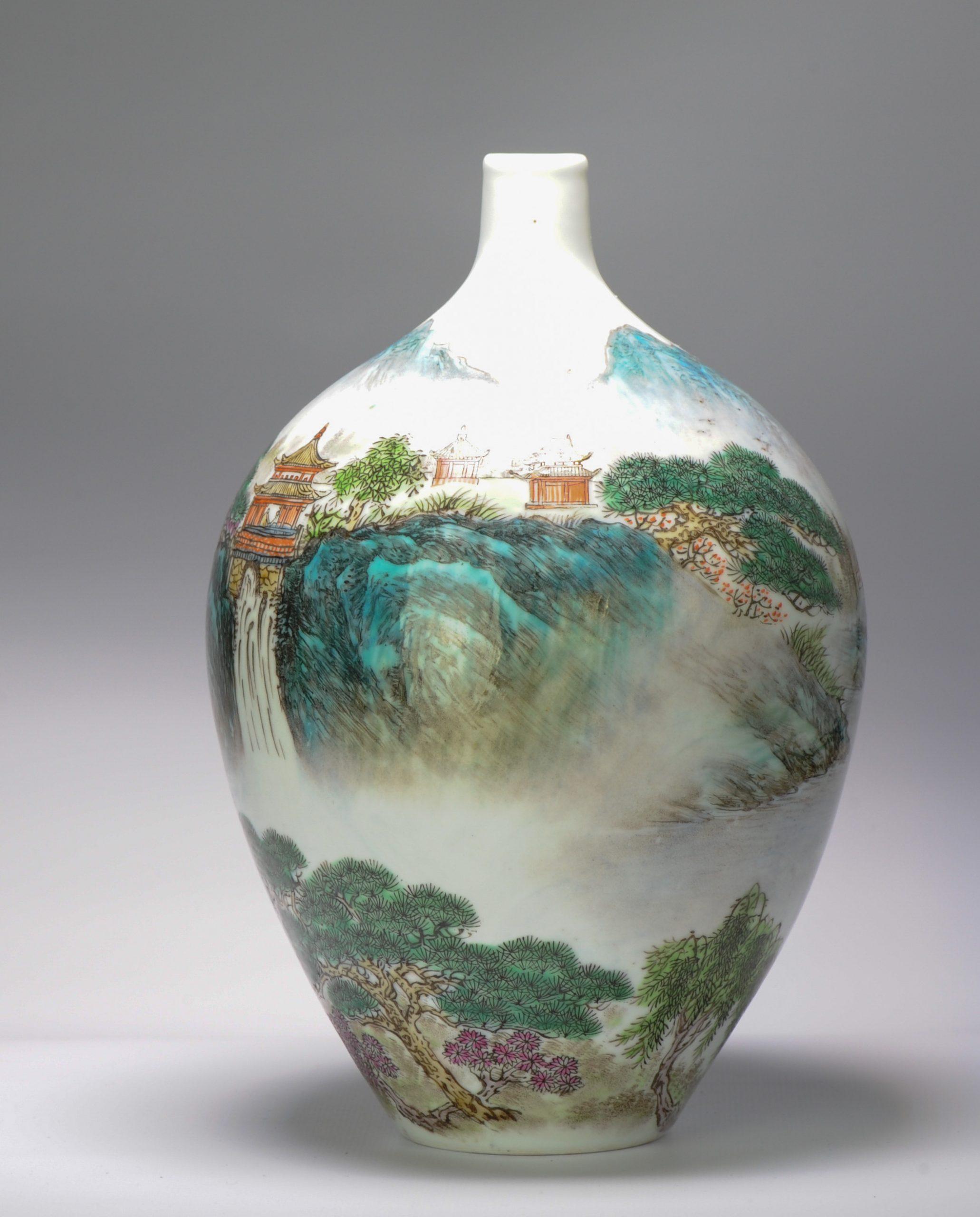 20th Century Vintage 20C Chinese Porcelain Landscape Vase China Marked on Base