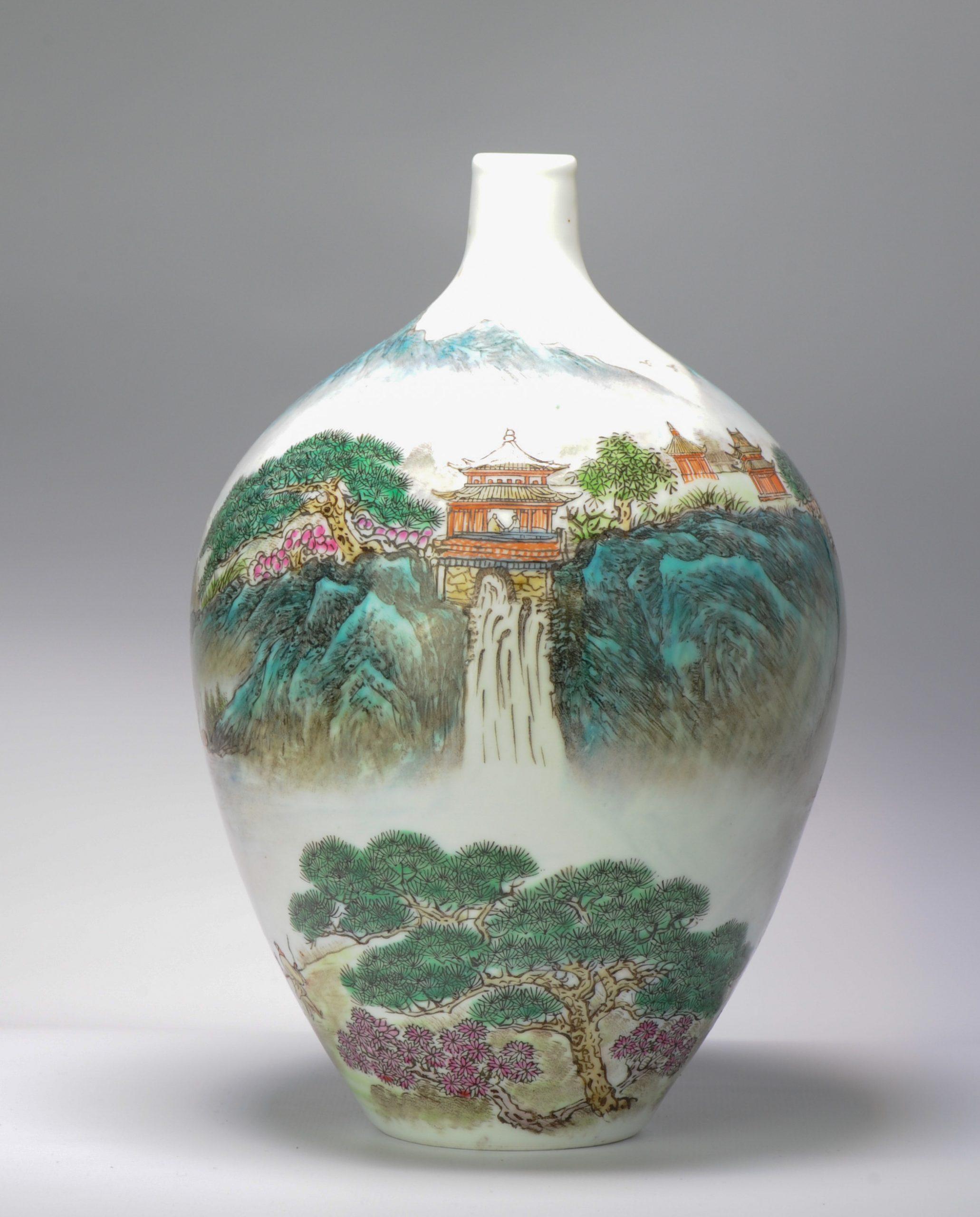 Vintage 20C Chinese Porcelain Landscape Vase China Marked on Base 1