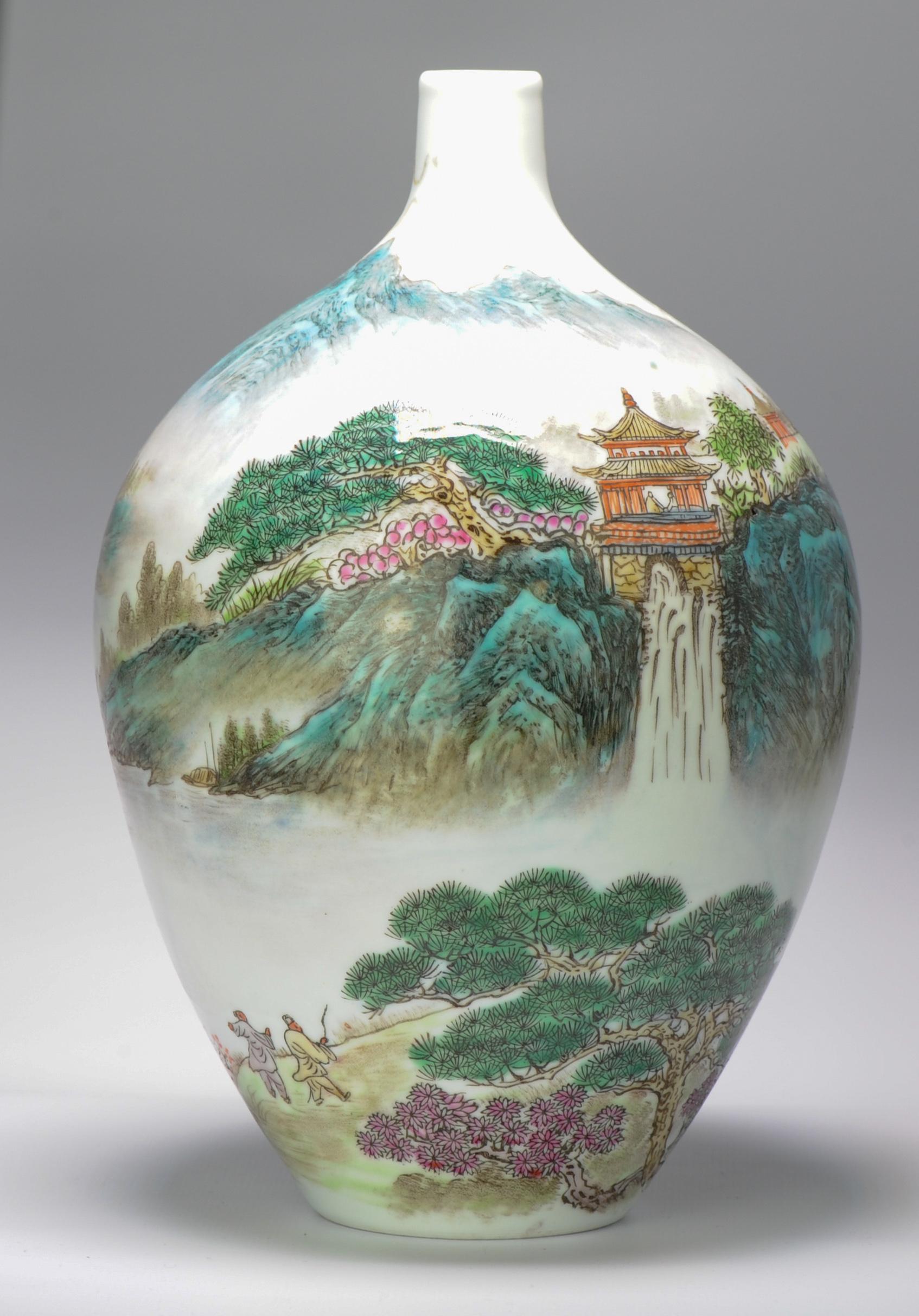 Vintage 20C Chinese Porcelain Landscape Vase China Marked on Base 2