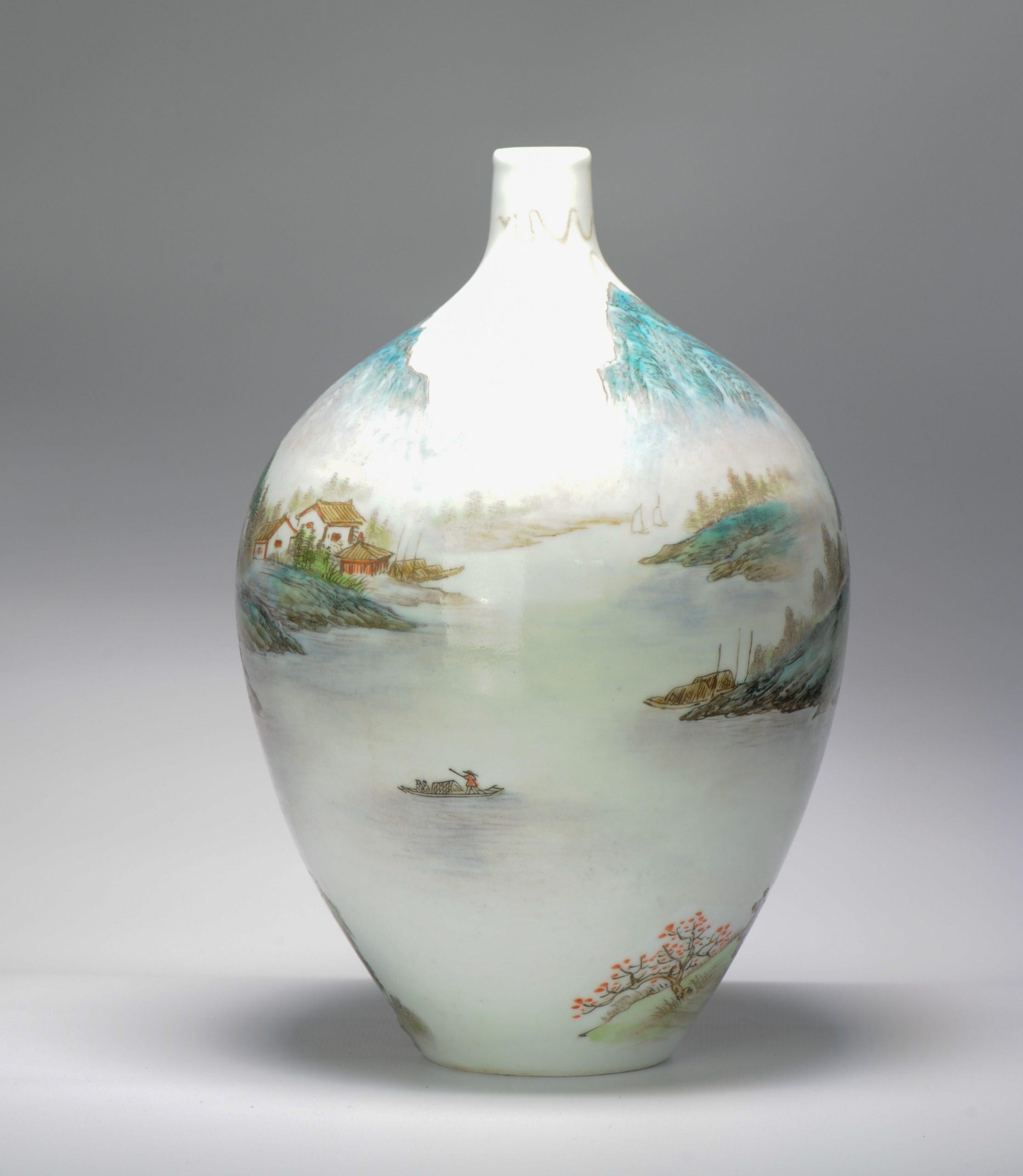 Vintage 20C Chinese Porcelain Landscape Vase China Marked on Base 4