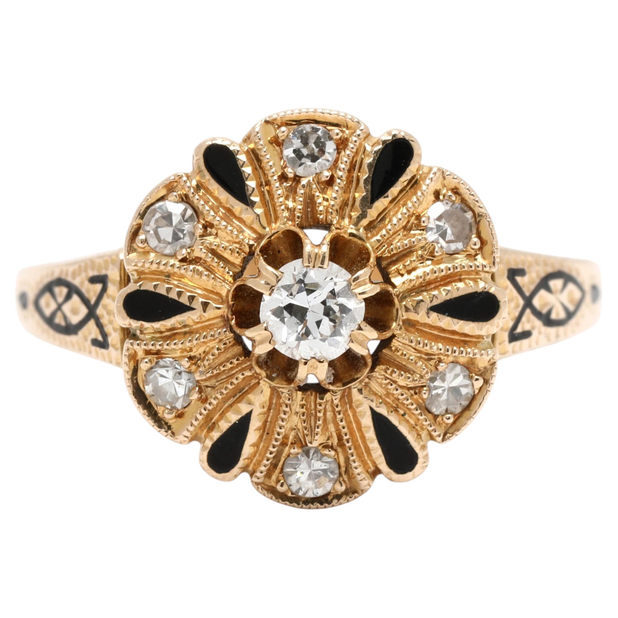 Vintage .20ctw Diamond & Enamel Ring, 14k Yellow Gold, Ring Size 5.5