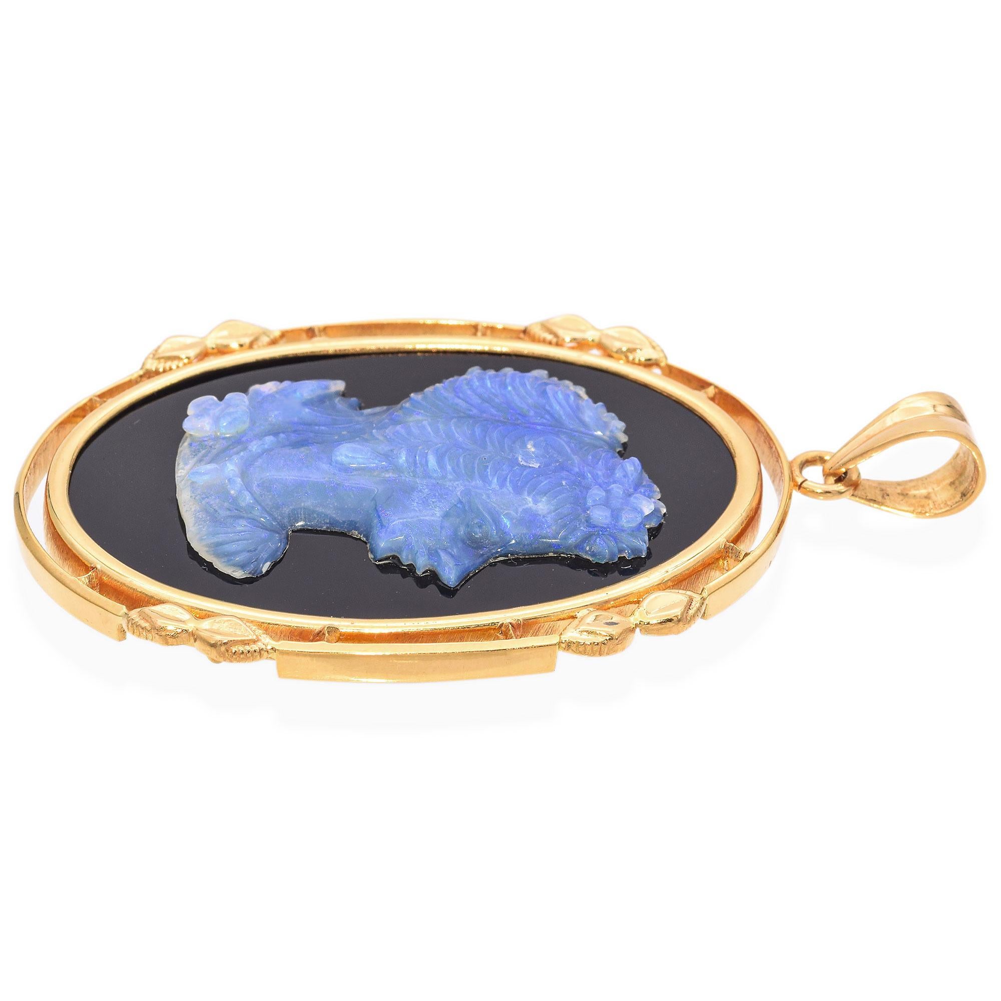 Uncut Vintage 20k Yellow Gold Frame Opal Cameo Pendant For Sale
