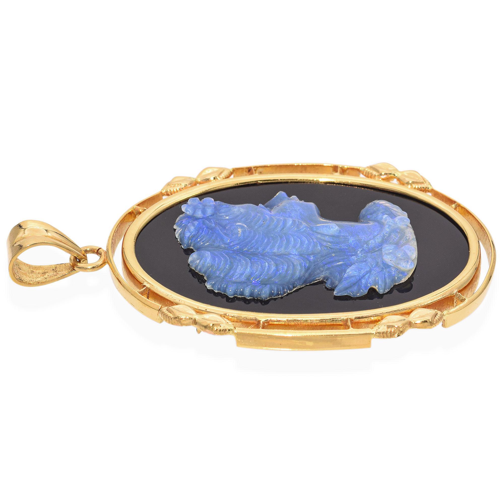 Vintage 20k Yellow Gold Frame Opal Cameo Pendant For Sale 1