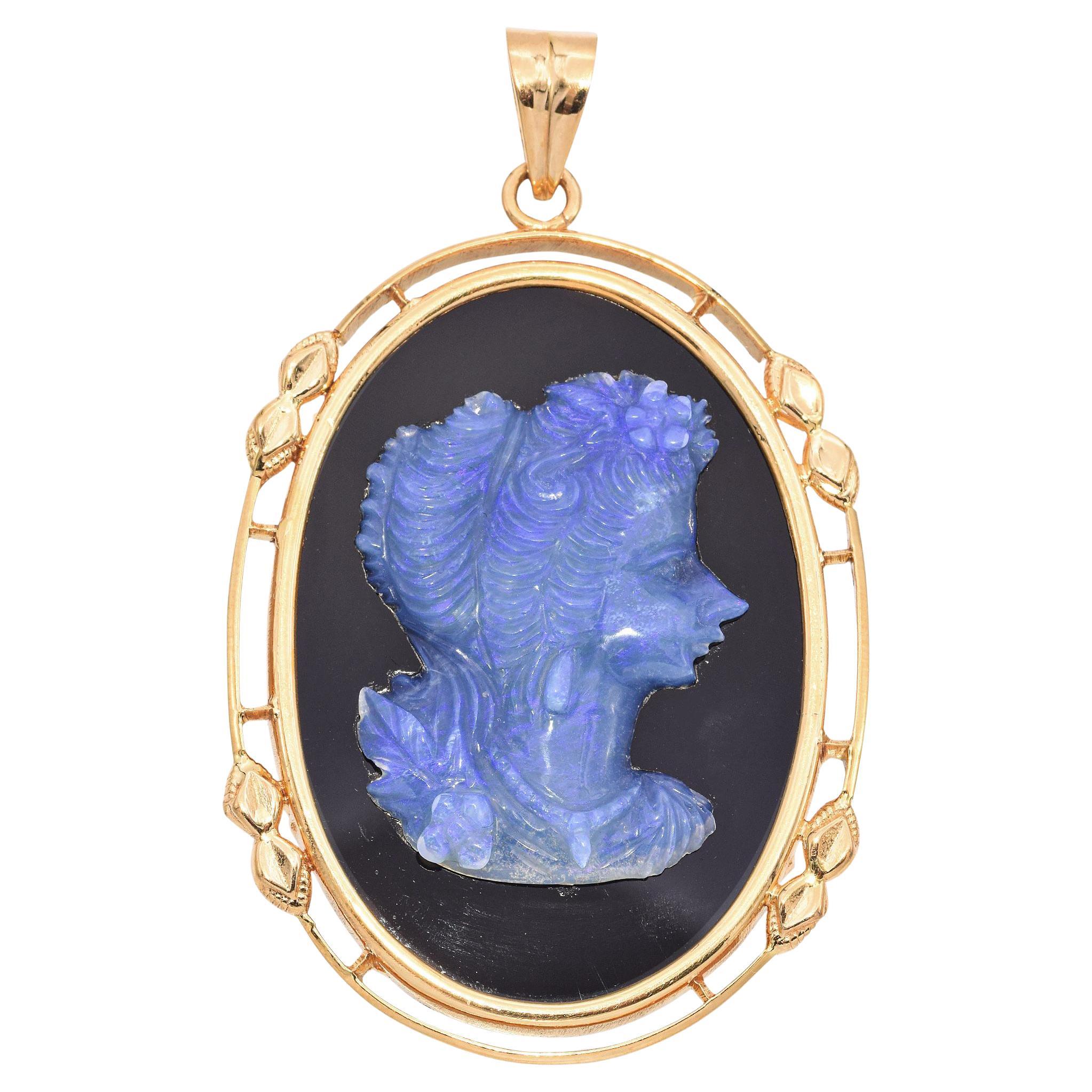 Vintage 20k Yellow Gold Frame Opal Cameo Pendant