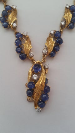 Collar vintage de oro amarillo de 20 quilates, zafiro cabujón de 13,53 quilates, diamante de 1,67 quilates