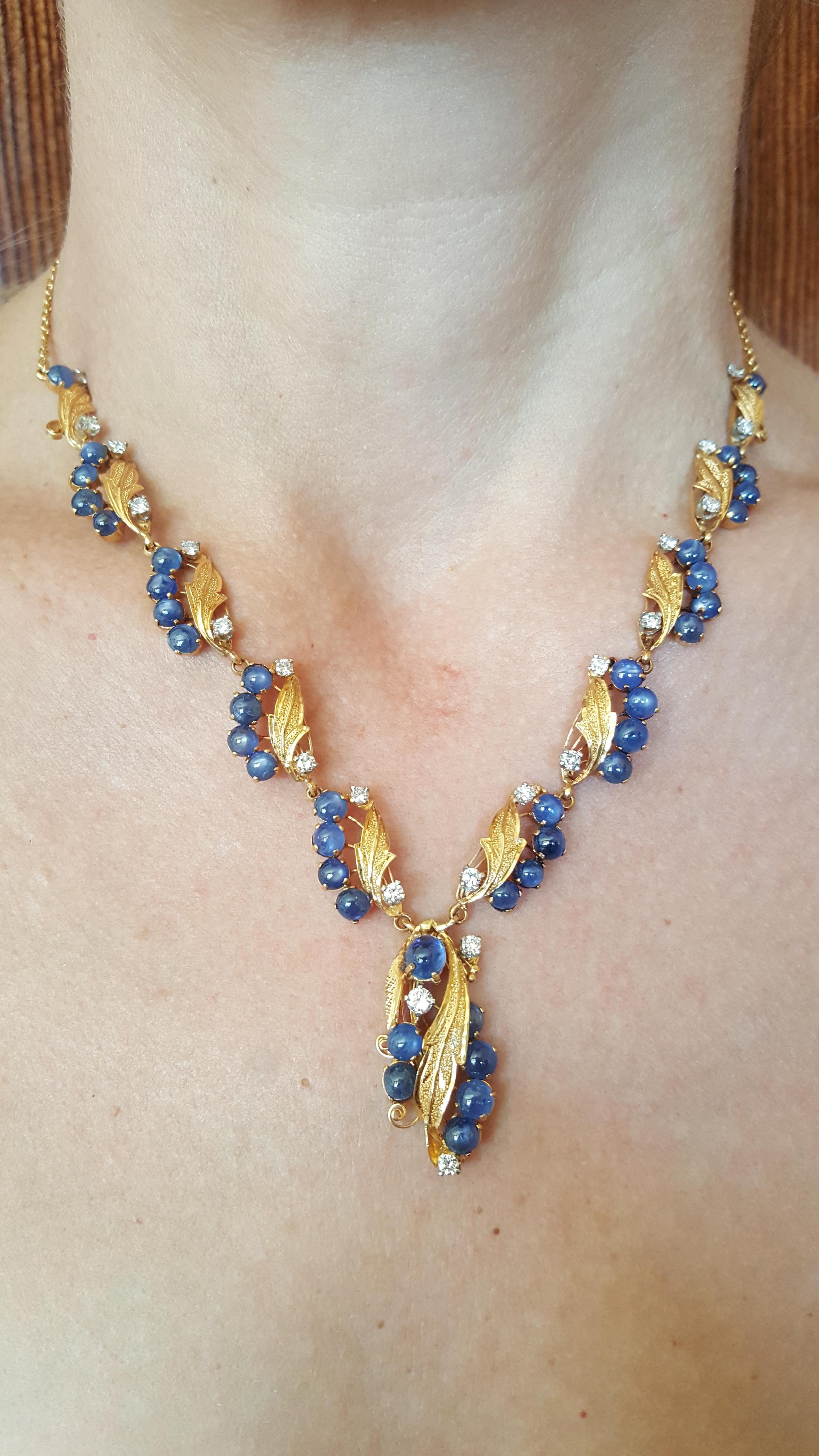 Artisan Vintage 20kt Yellow Gold, Cabochon Sapphire 13.53ctw, Diamond 1.67ctw Necklace For Sale
