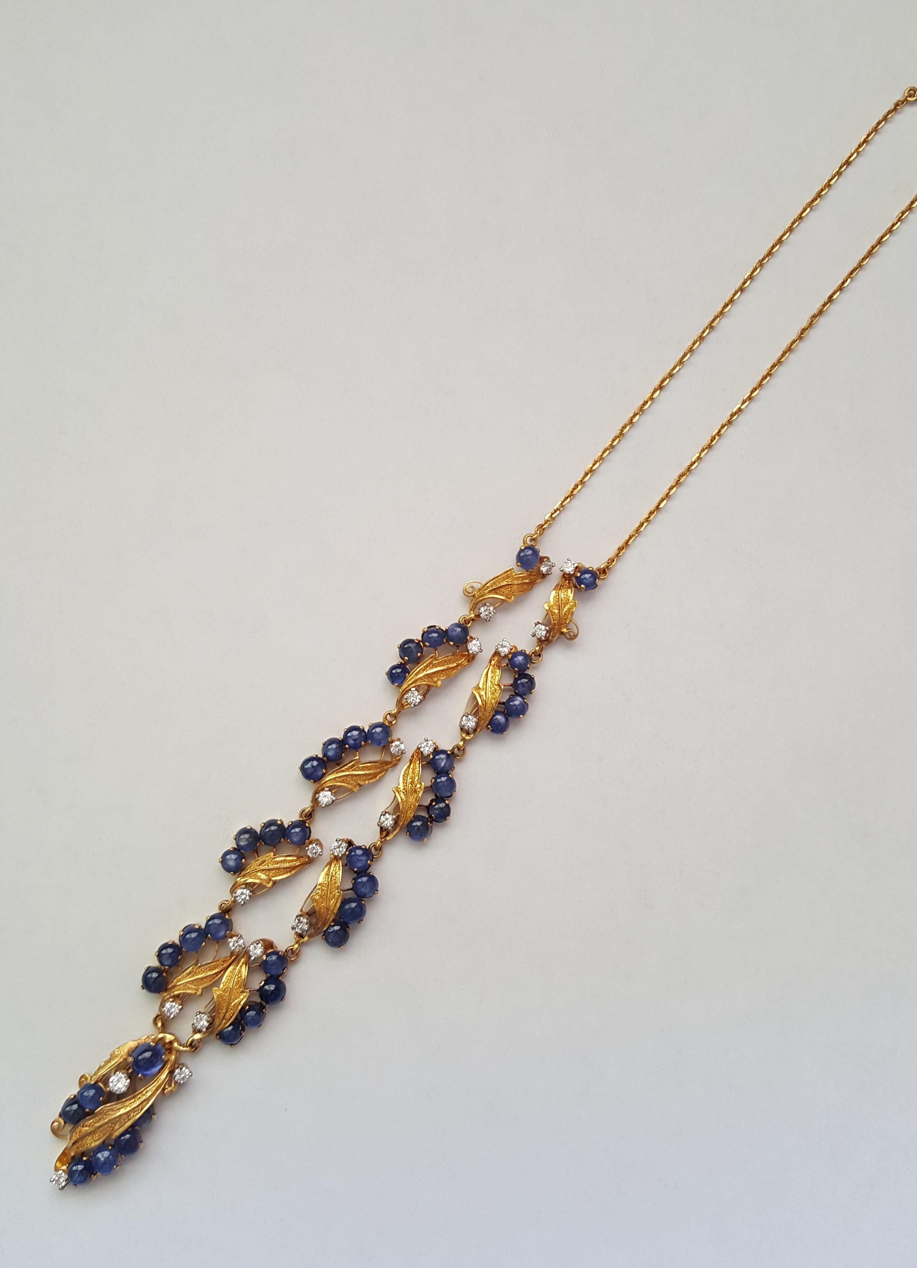 Pear Cut Vintage 20kt Yellow Gold, Cabochon Sapphire 13.53ctw, Diamond 1.67ctw Necklace For Sale