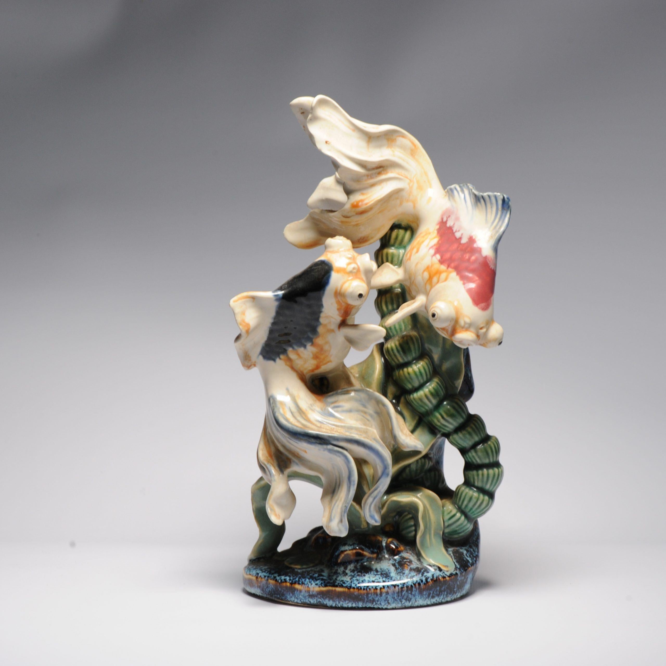 Vintage 20th C Chinese Porcelain PROC Goldfish Statue China Underglaze 2