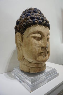 Vintage 20th Century Hand Carved Wooden Buddha Head on Lucite Stand