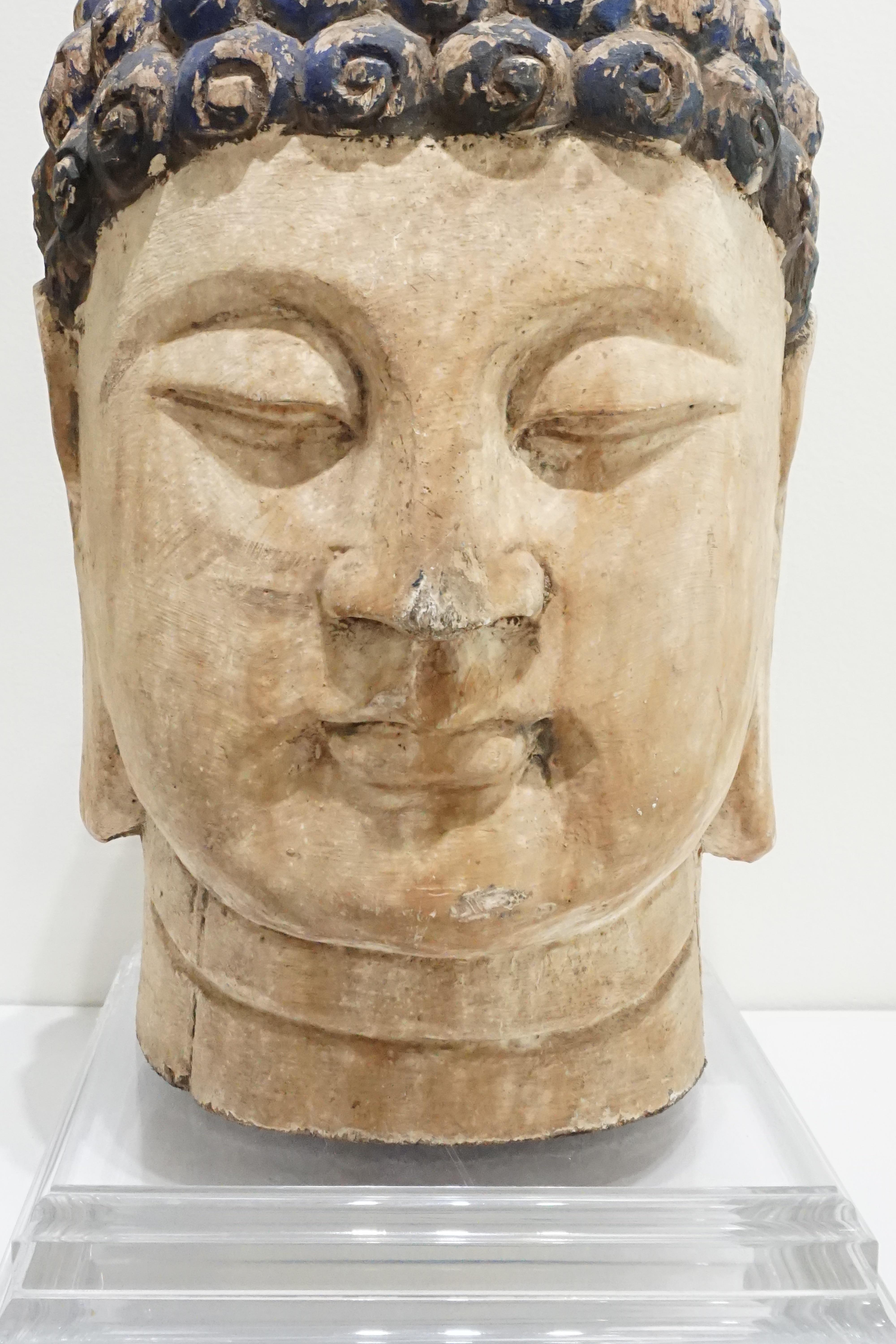 Vintage 20th Century Hand Carved Wooden Buddha Head on Lucite Stand For Sale 1