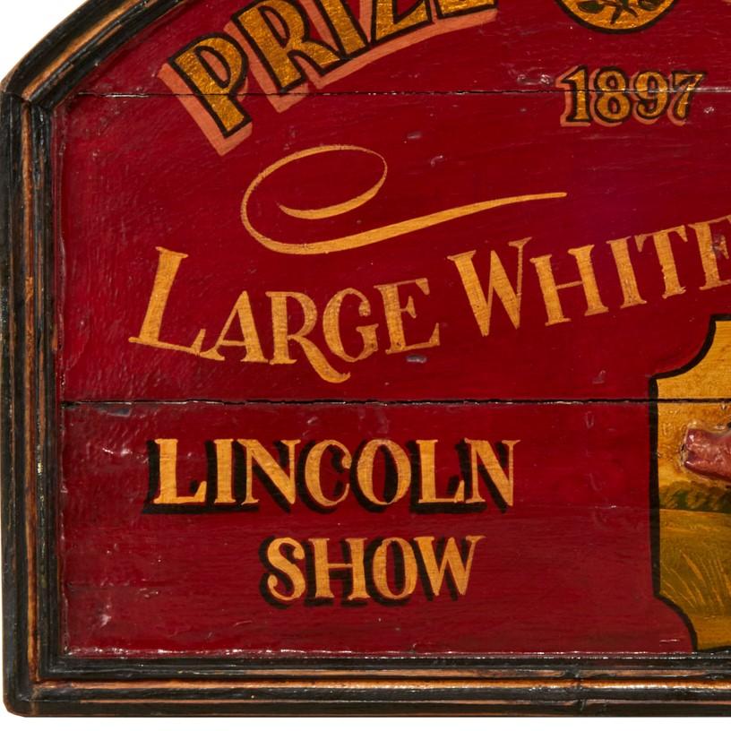 Vintage 20th c., trade sign with plaster pig on painted wood. The sign, painted in red with gold script, reads Prize Medal, 1897 Large White Gilts, Lincoln Show. This is a charming sign, perfect for a kitchen display. 

Dimensions:
16.5